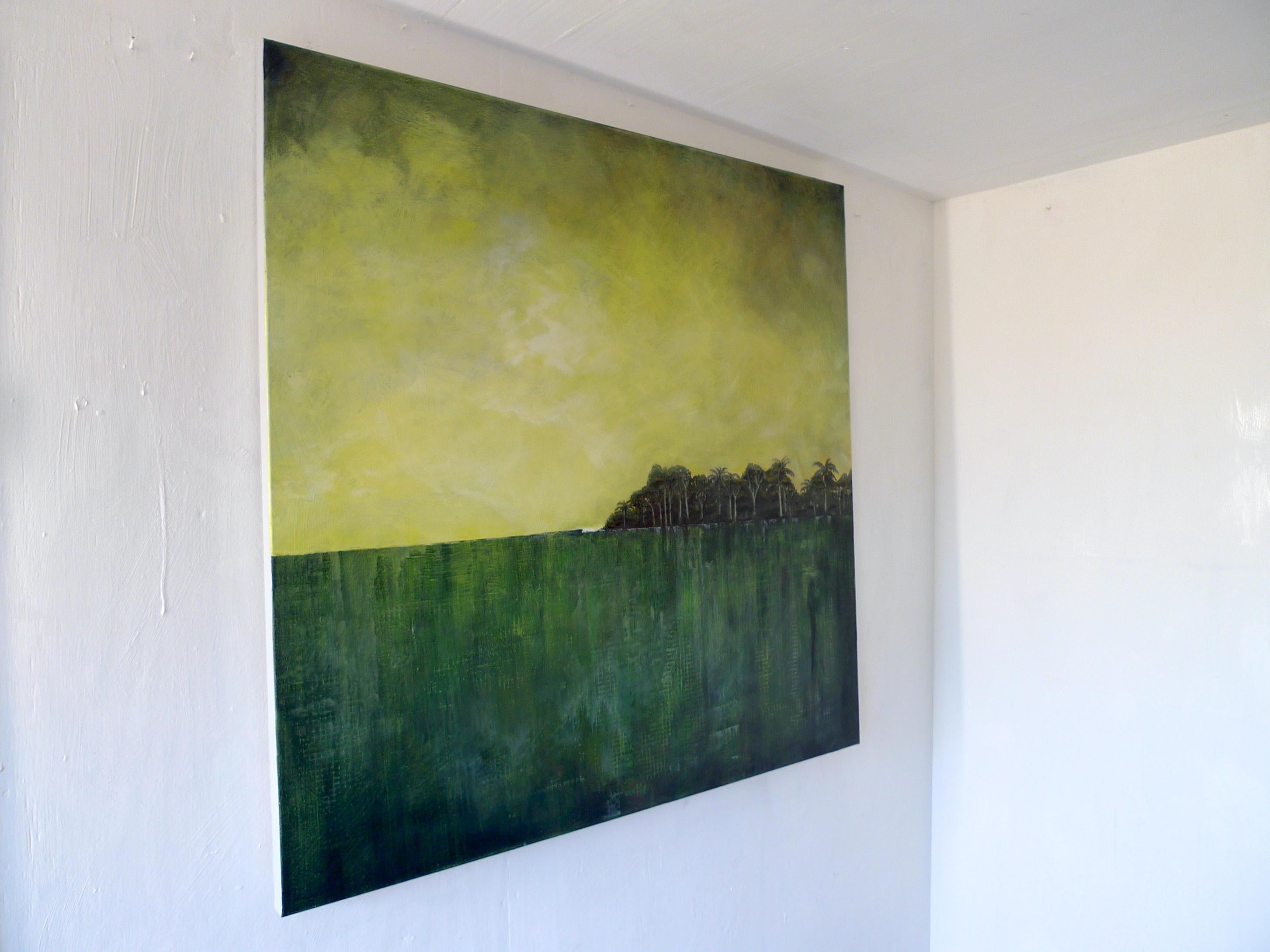 Stitches - contemporary landscape abstract green mixed media canvas - Painting by Simon Ledson