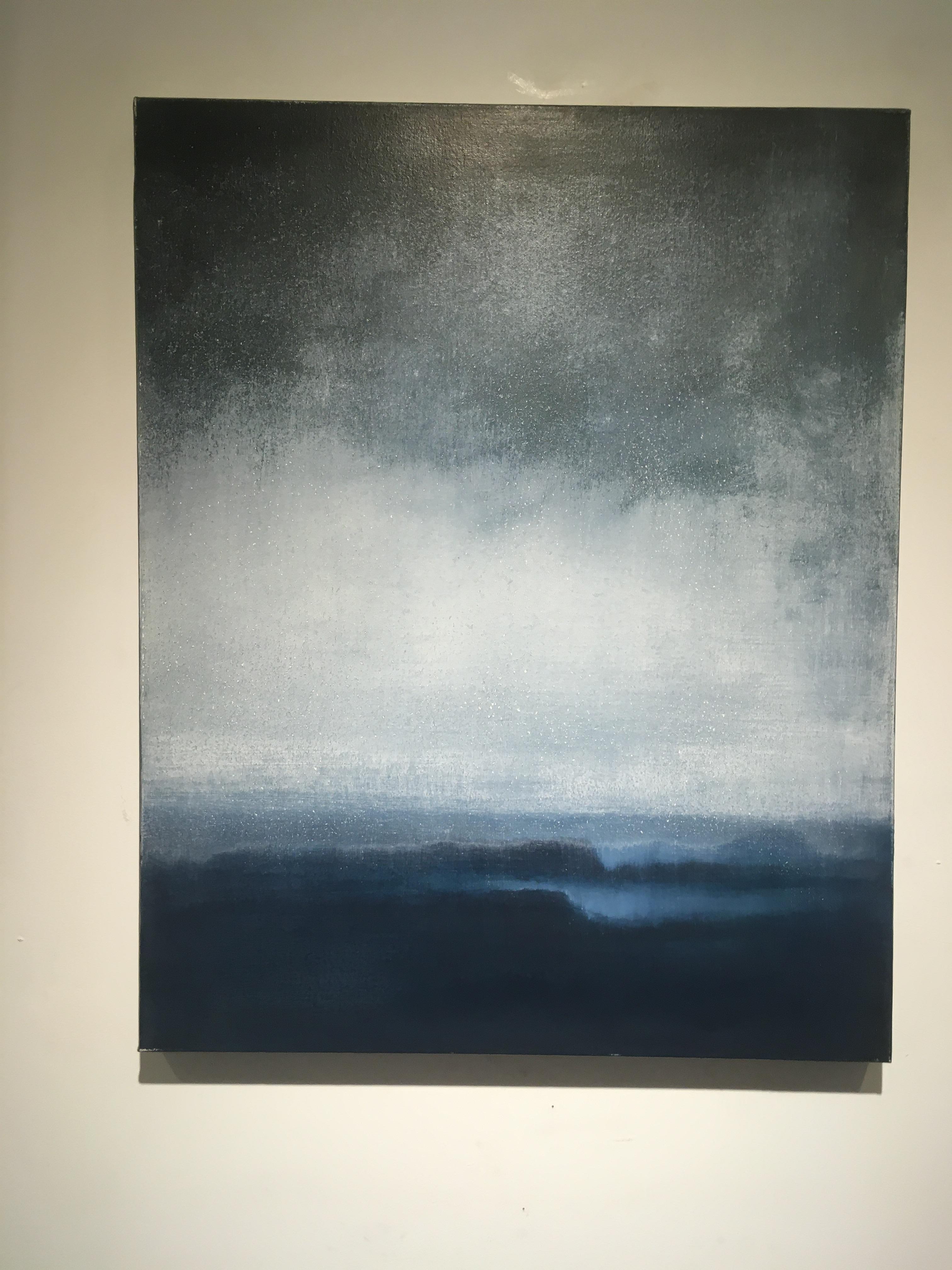 Turning Unease - contemporary abstract blue and grey surf seascape oil canvas - Painting by Simon Ledson
