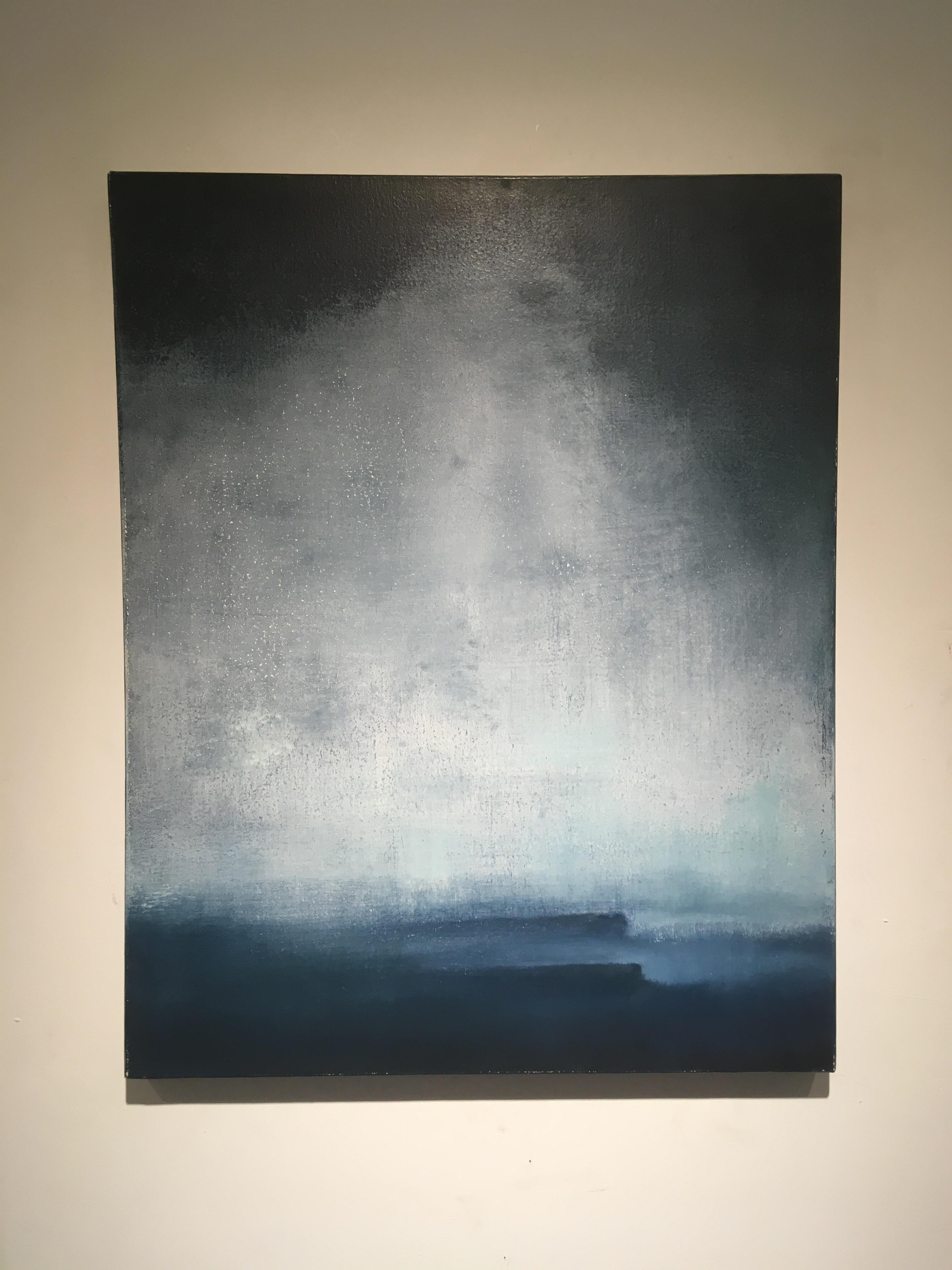 Wave After Wane - toile à l'huile contemporaine abstraite de paysage de surf bleu-gris - Painting de Simon Ledson