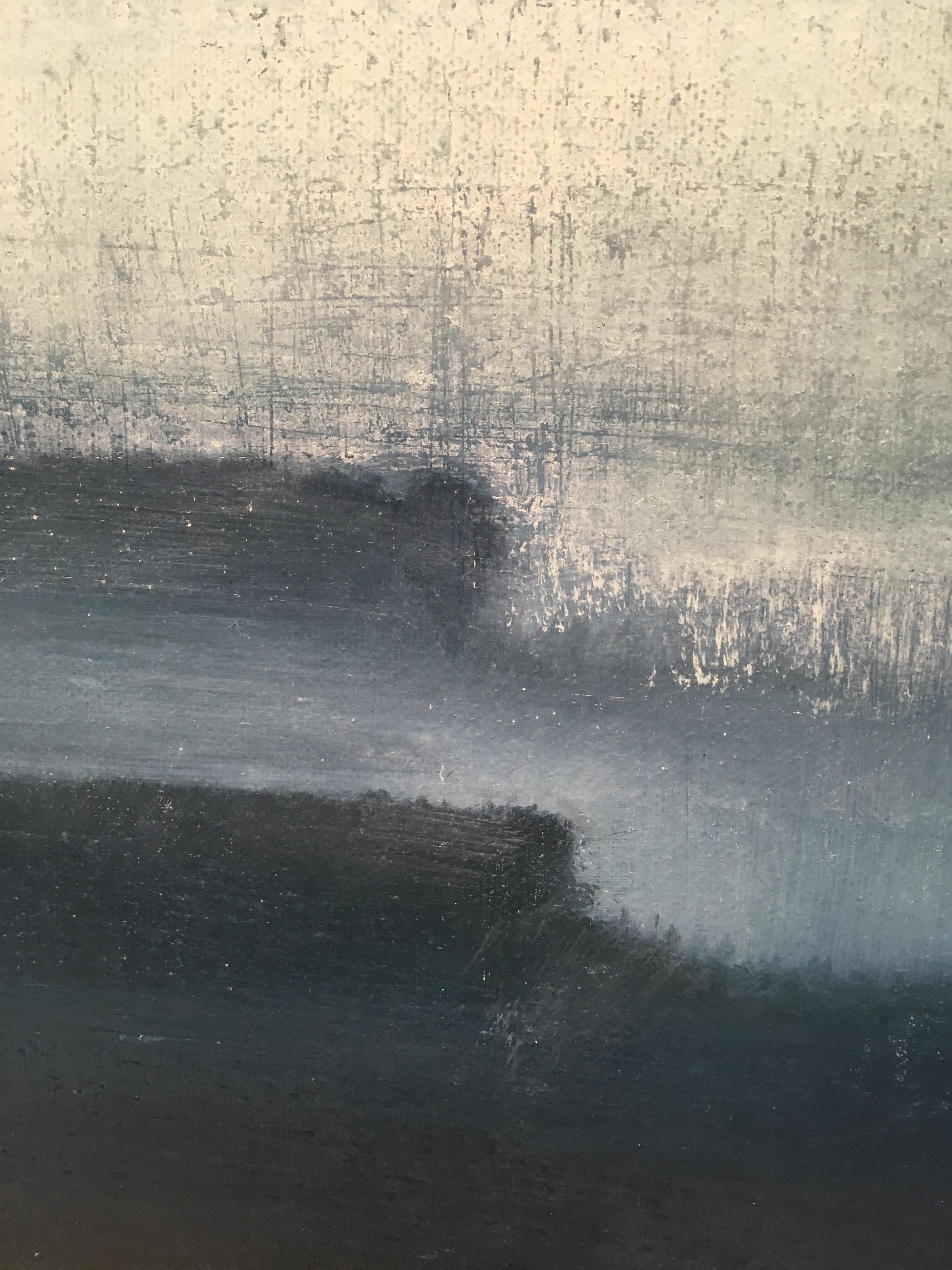 Wave After Wane - toile à l'huile contemporaine abstraite de paysage de surf bleu-gris - Gris Abstract Painting par Simon Ledson