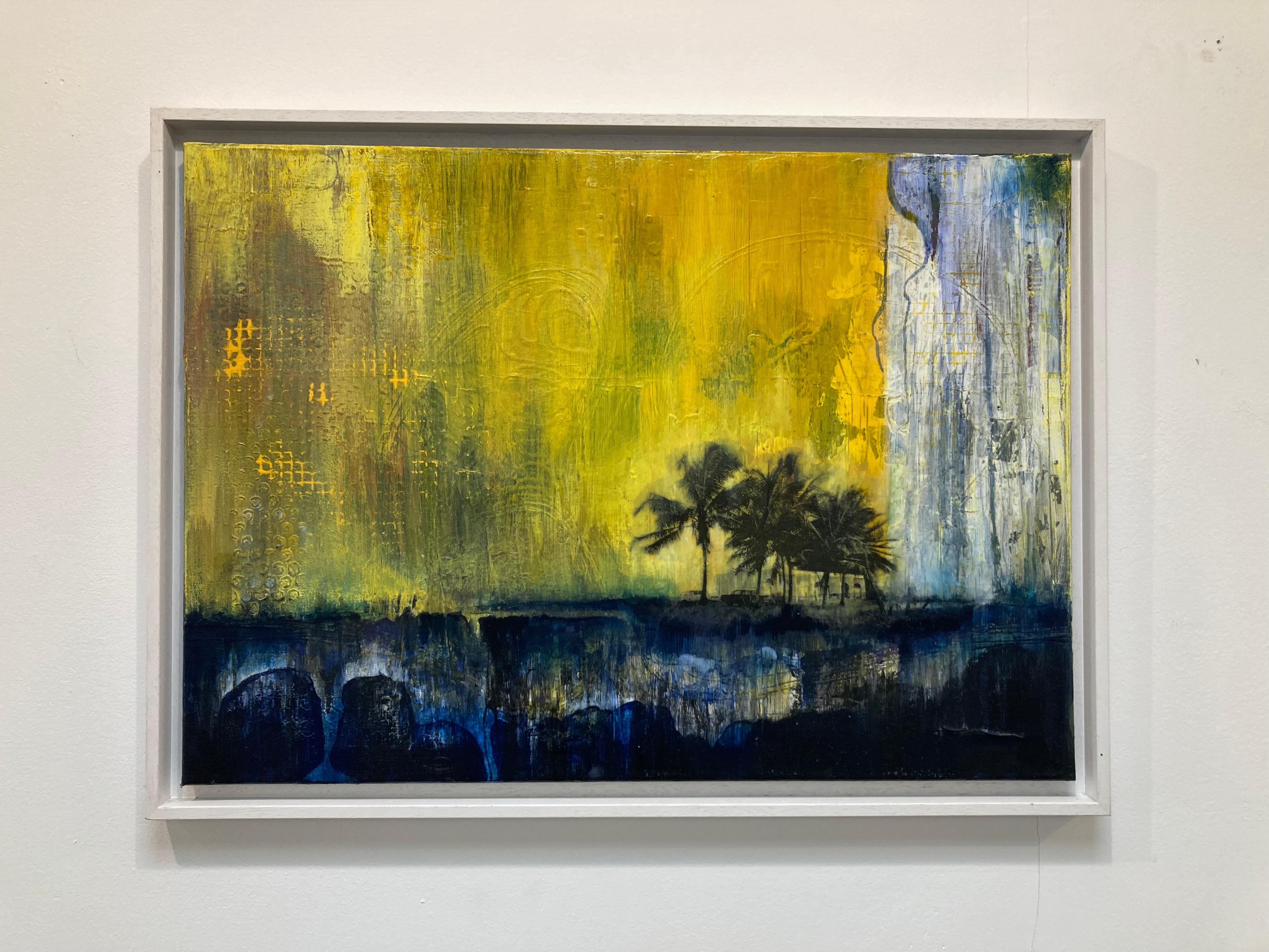 You can See - contemporary seascape semi-abstract palm tree mixed media painting - Painting by Simon Ledson