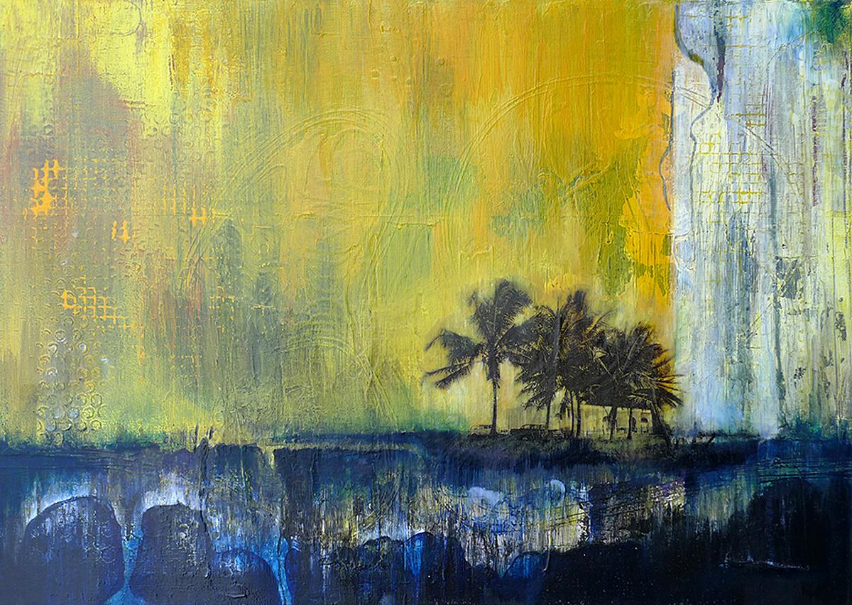 Simon Ledson Landscape Painting - You can See - contemporary seascape semi-abstract palm tree mixed media painting