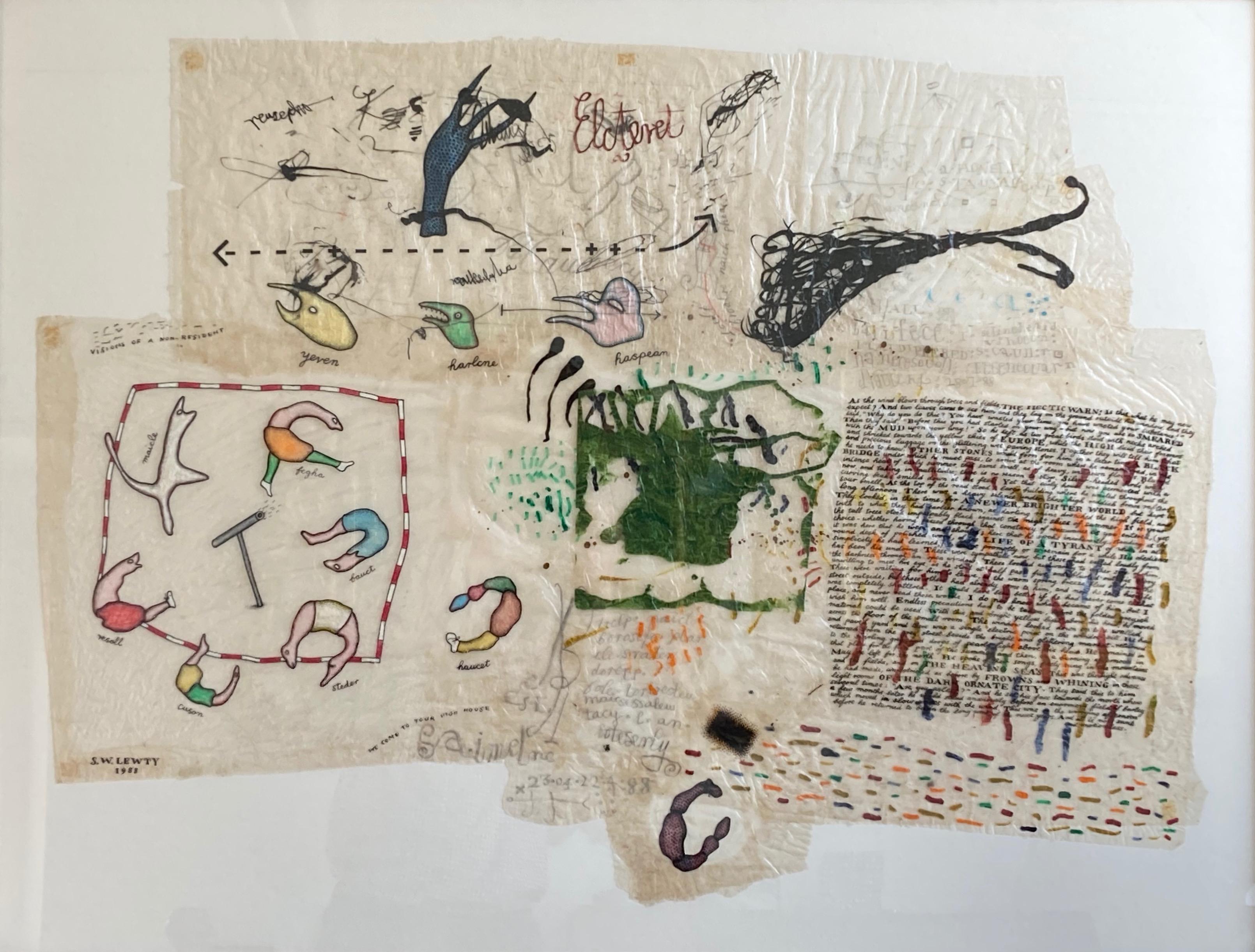 An extraordinary work from an extraordinary mind expressed through unique imagery, poetry and calligraphy.

Simon Lewty (1941-2021)
Visions of a non-resident
Signed and dated 1988 and titled verso
Ink, crayon and acrylic on tissue paper
31½ x 41½
