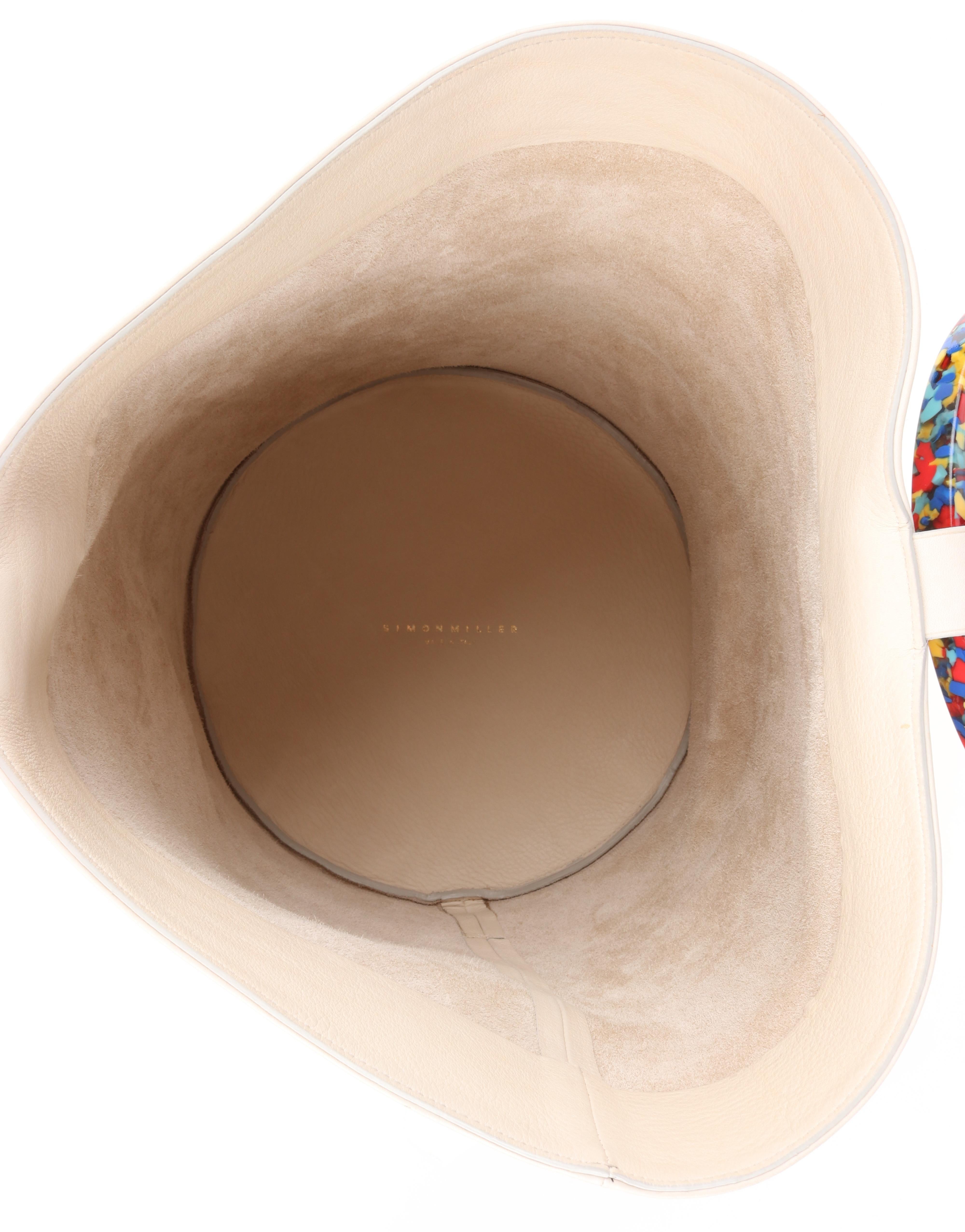 SIMON MILLER “Bonsai” 30 Off-White Multi-Color Ring Handle Nubuck Bucket Handbag In Good Condition In Thiensville, WI