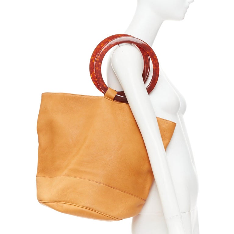 SIMON MILLER Bonsai 30 tan brown leather acrylic round handle hobo tote bag  at 1stDibs