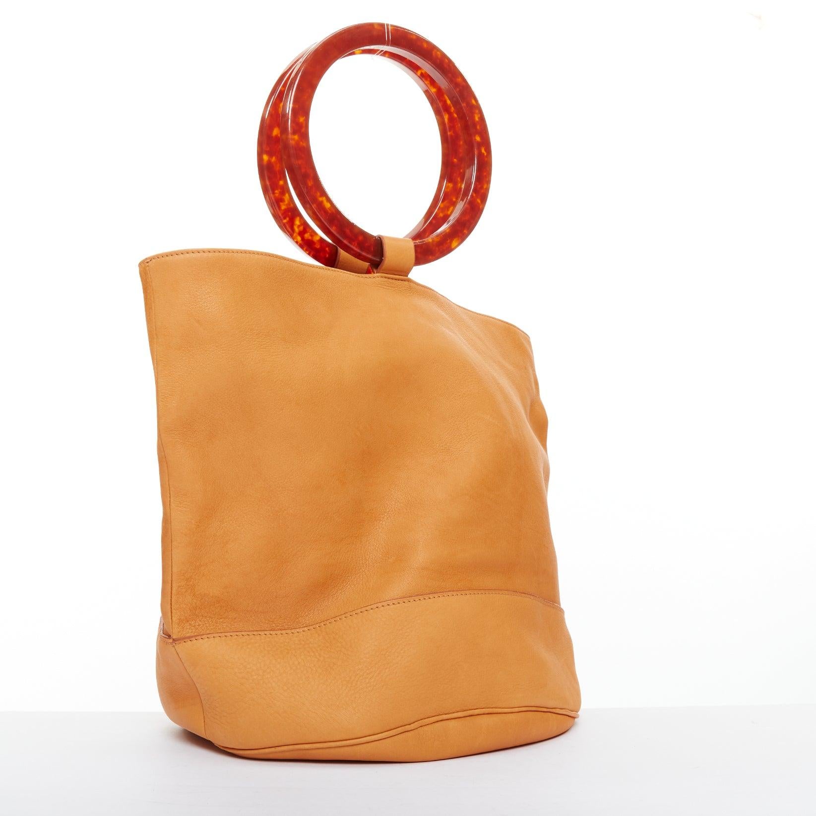 Brown SIMON MILLER Bonsai 30 tan brown leather acrylic round handle hobo tote bag For Sale