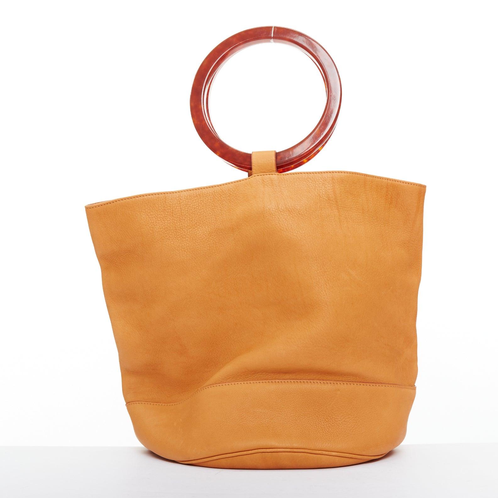 Women's SIMON MILLER Bonsai 30 tan brown leather acrylic round handle hobo tote bag For Sale