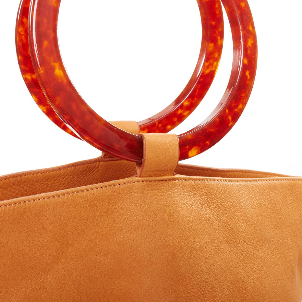 SIMON MILLER Bonsai 30 tan brown leather acrylic round handle hobo tote bag For Sale 3