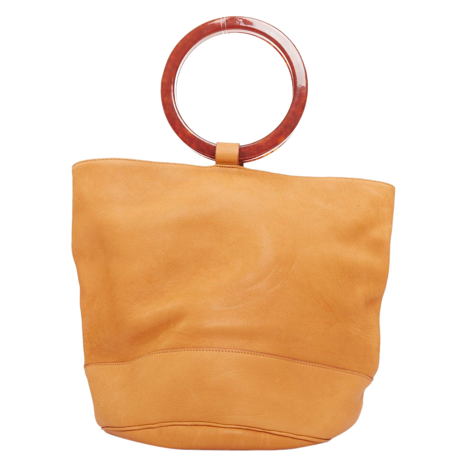SIMON MILLER Bonsai 30 tan brown leather acrylic round handle hobo tote bag For Sale