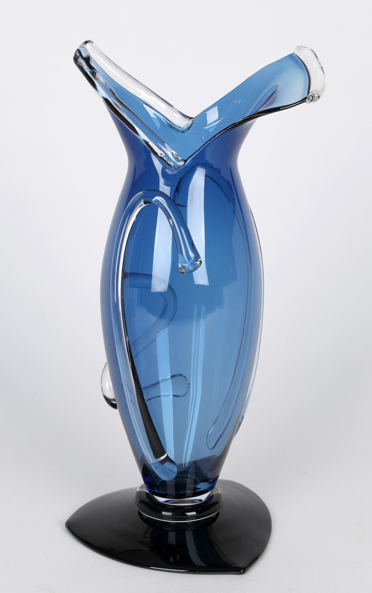Blown Glass Simon Moore English Hand Blown Blue Art Glass Vase Dated 1989 For Sale