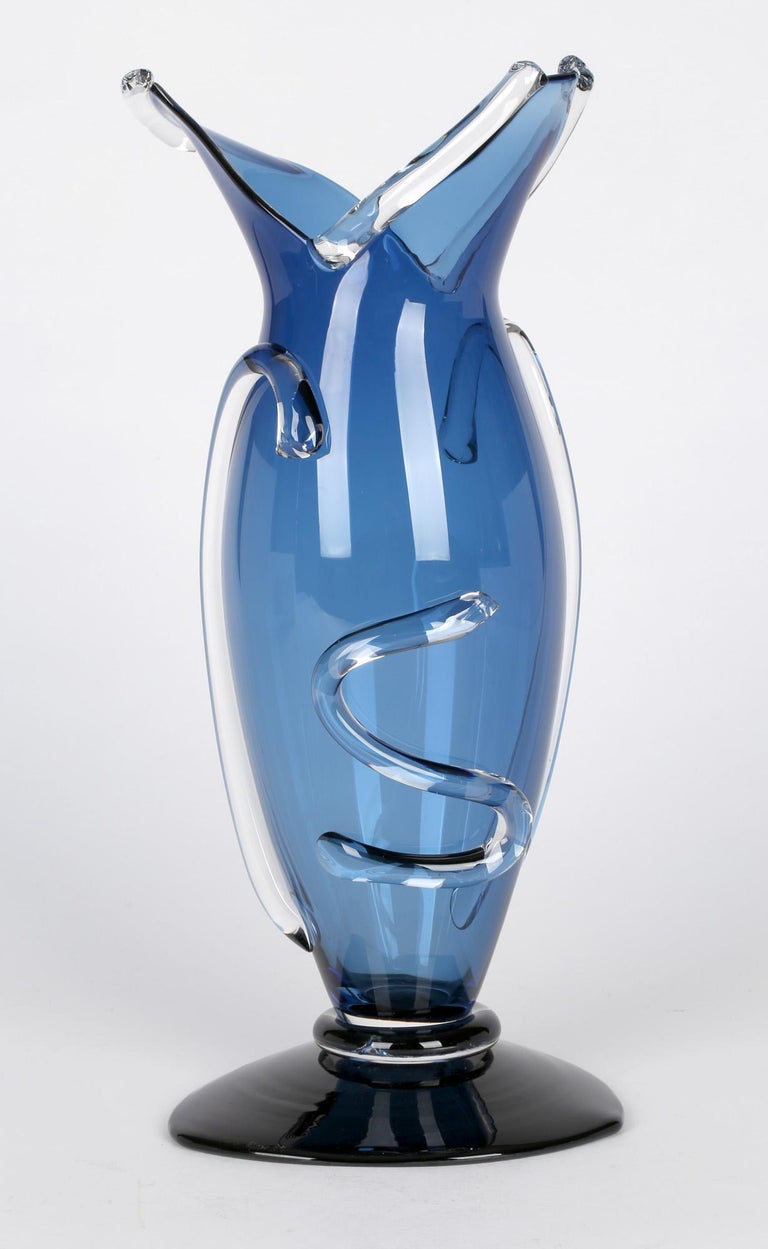 Simon Moore English Hand Blown Blue Art Glass Vase Dated 1989 For Sale