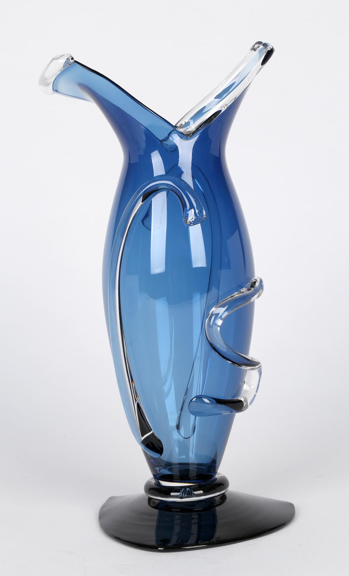 Hand-Crafted Simon Moore English Hand Blown Blue Art Glass Vase Dated 1989 For Sale