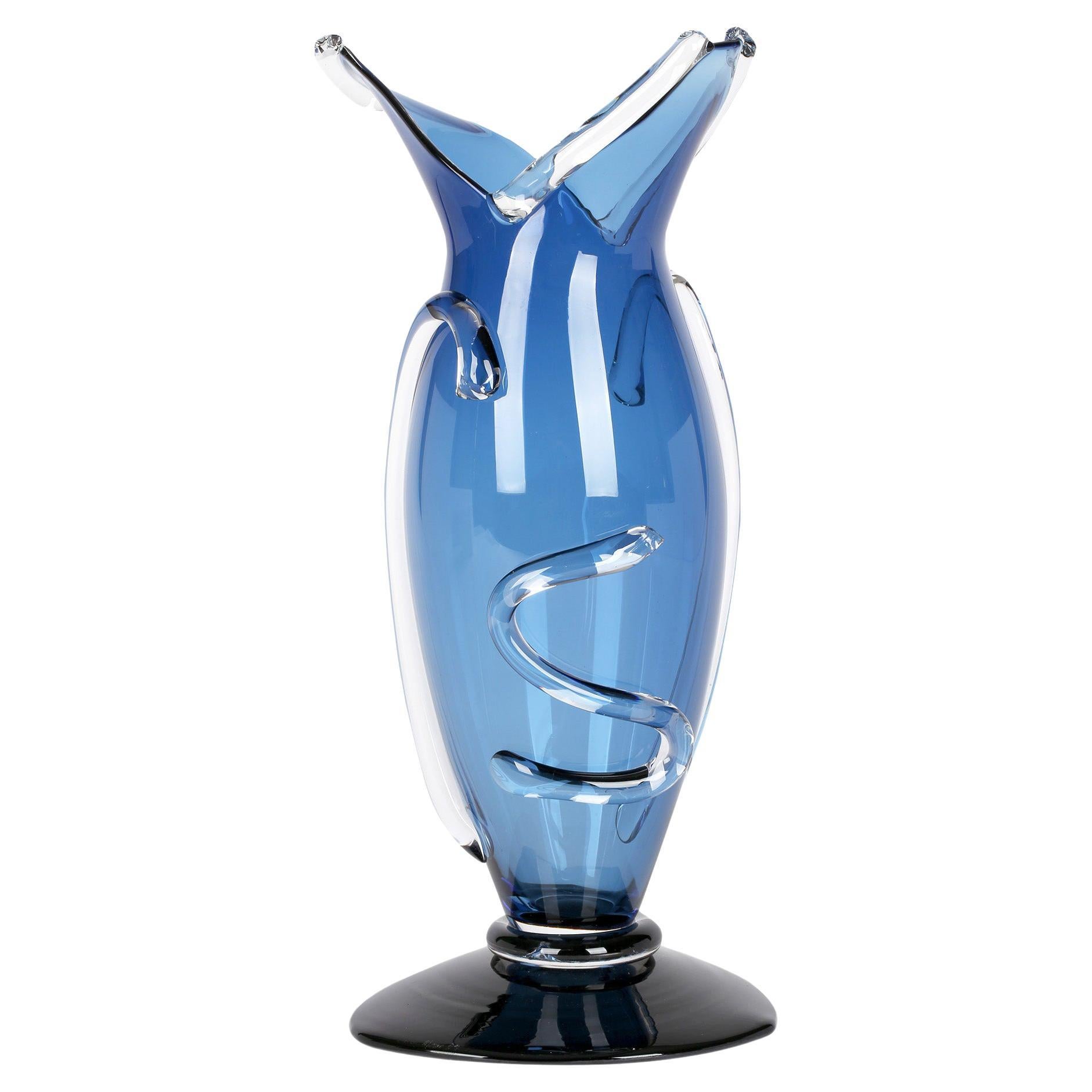 Simon Moore English Hand Blown Blue Art Glass Vase Dated 1989 For Sale