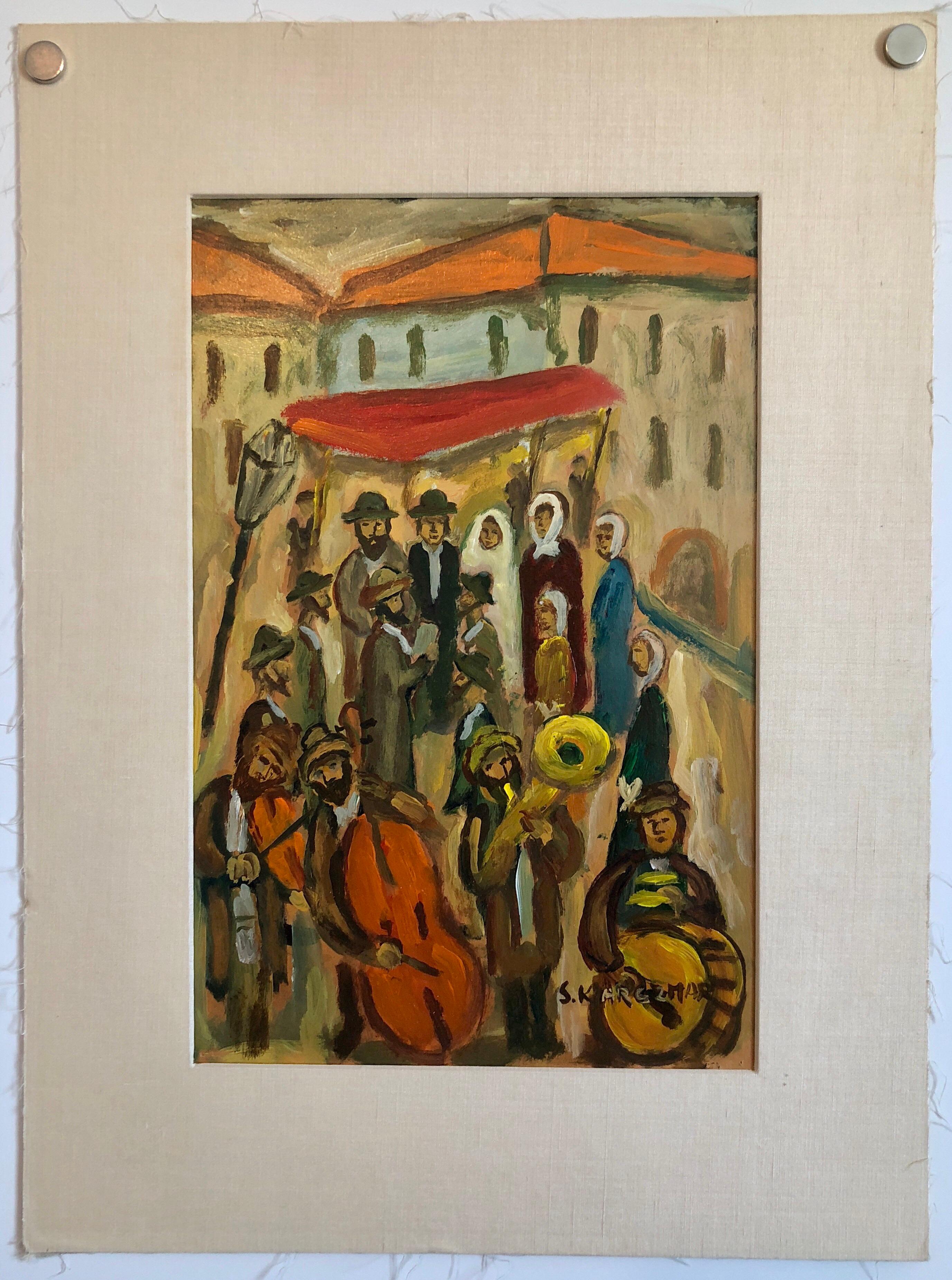 Judaica Oil Painting Shtetl Hasidic Jewish Klezmer Wedding Chuppah Celebration - Brown Portrait Painting by Simon Natan Karczmar