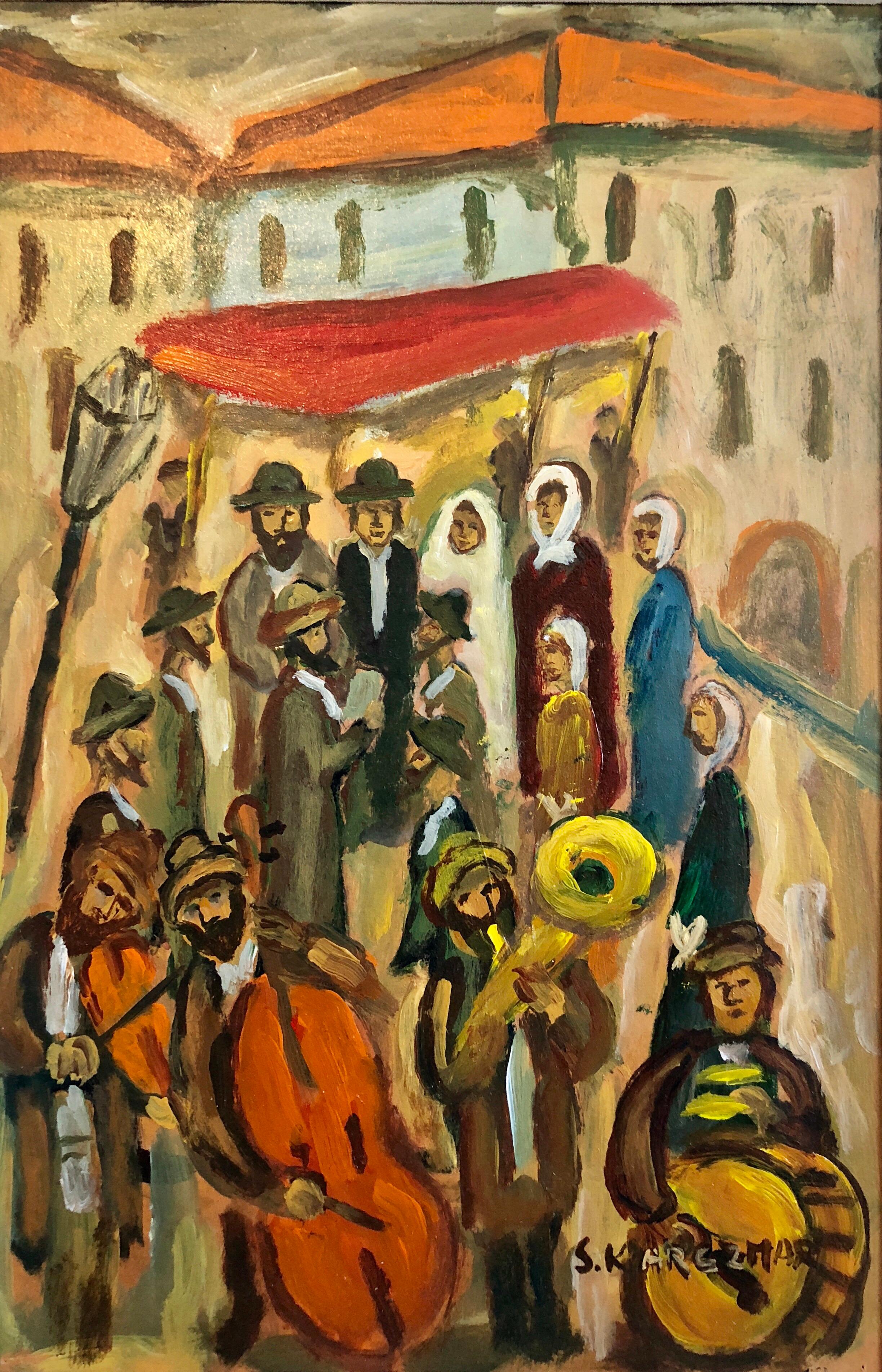 Simon Natan Karczmar Portrait Painting - Judaica Oil Painting Shtetl Hasidic Jewish Klezmer Wedding Chuppah Celebration