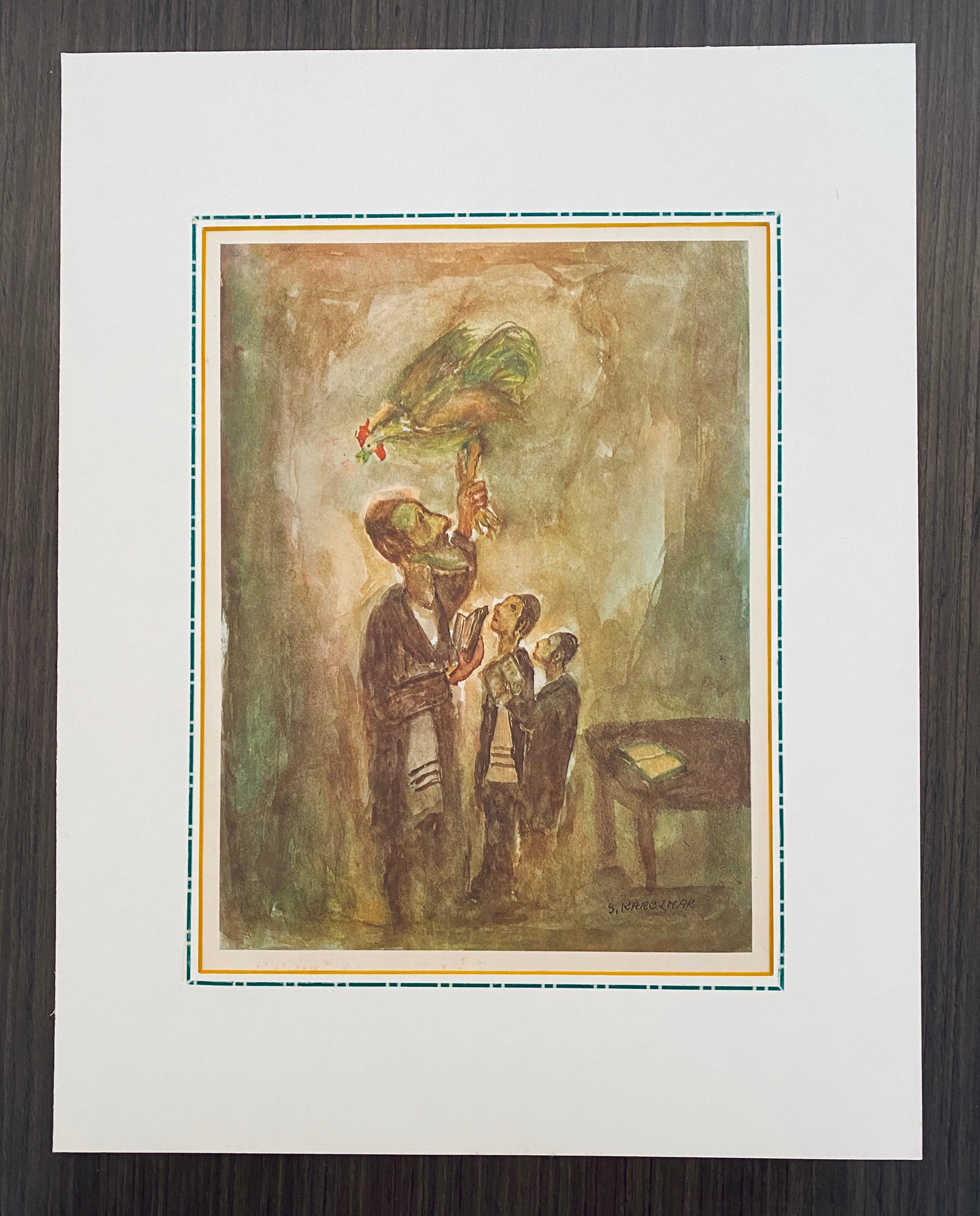 Chassidic Man doing Kapparot with his sons.
12.6 x 9.8 canvas, 18 x 14 inches with frame.
 
Simon Natan Karczmar (born November 1, 1903 in Warsaw , died 1982 in Safed ) - Polish and Israeli painter.
He was born as Szmaja Karczmar, he studied at the