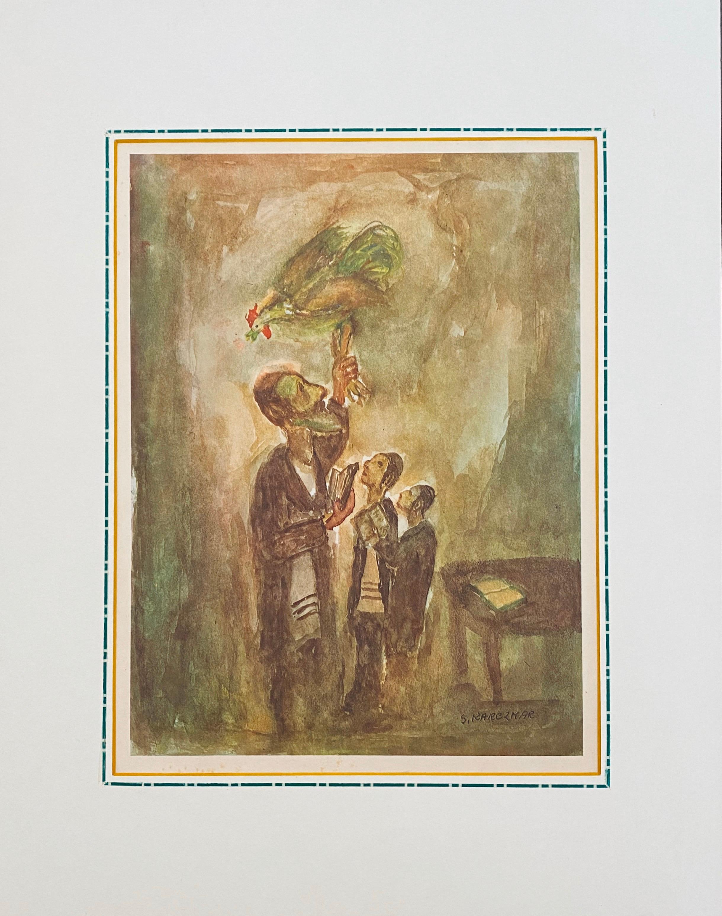 Judaica Polish Offset Lithograph Hasidic Jewish Prayers, Kapparot - Painting by Simon Natan Karczmar