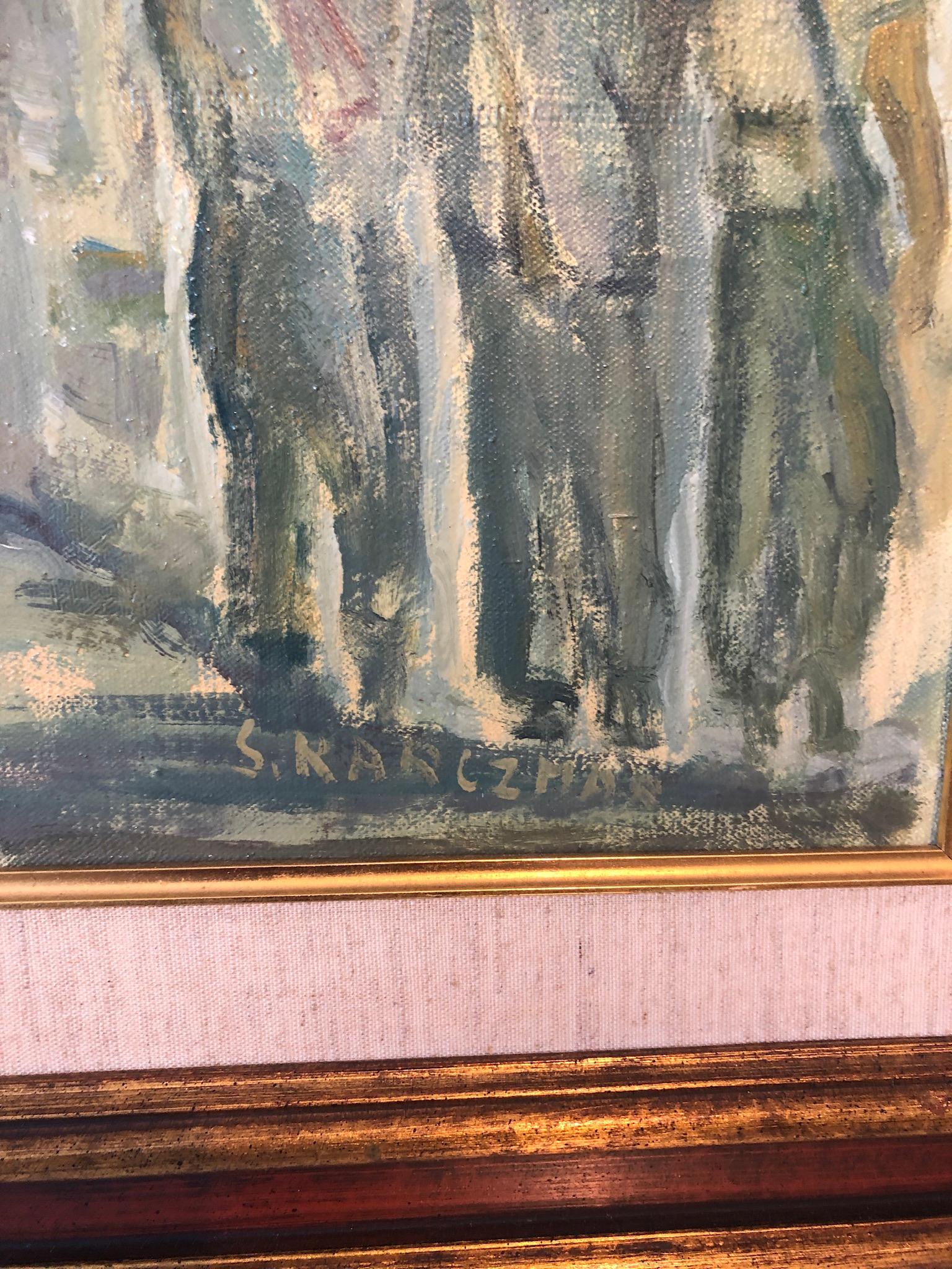 Judaica Pittura a olio polacca Preghiere ebraiche chassidiche, soldati israeliani Gerusalemme - Painting di Simon Natan Karczmar