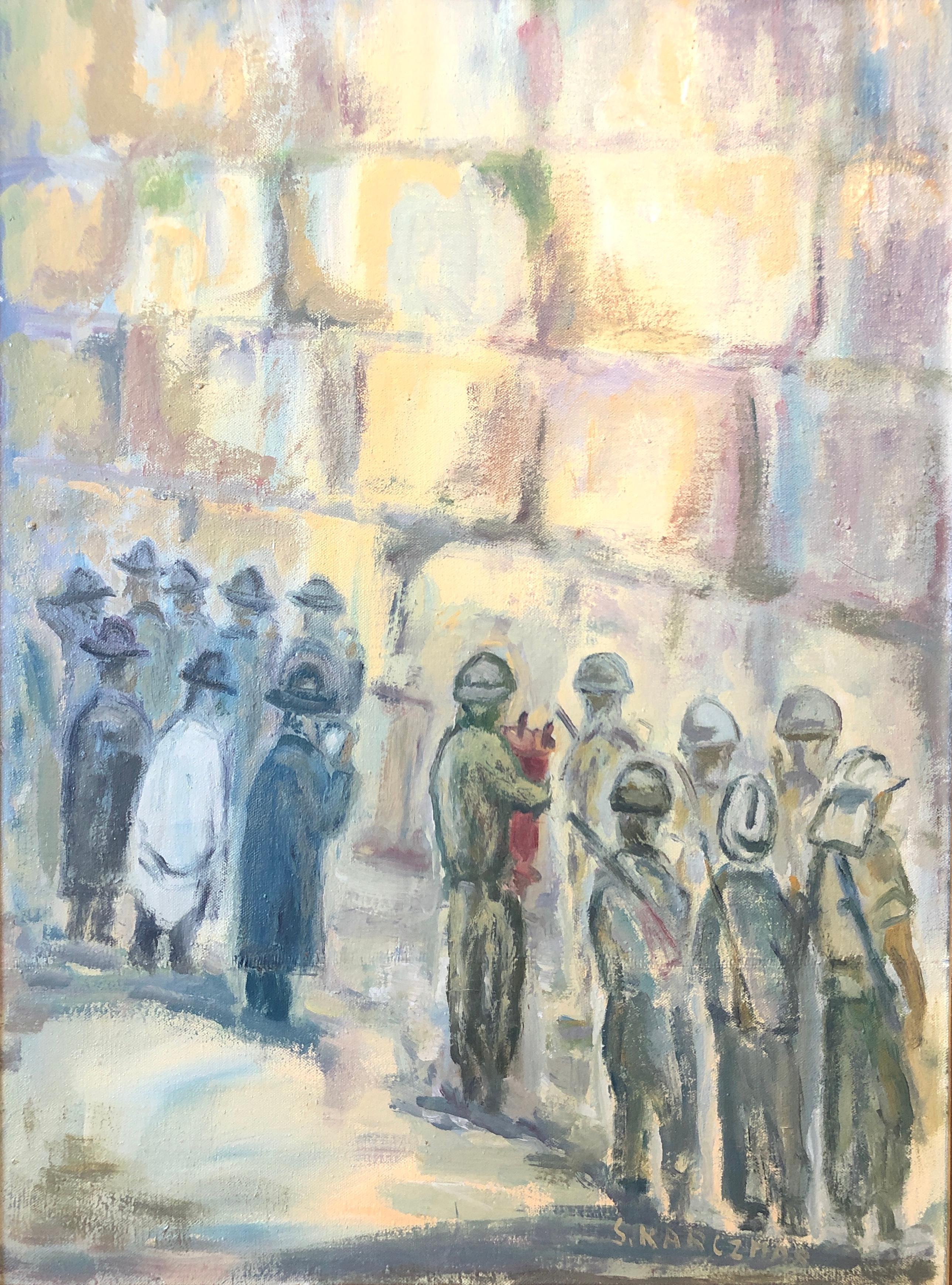 Judaica Pintura al óleo polaca Oraciones judías jasídicas, soldados israelíes Jerusalén - Painting Moderno de Simon Natan Karczmar