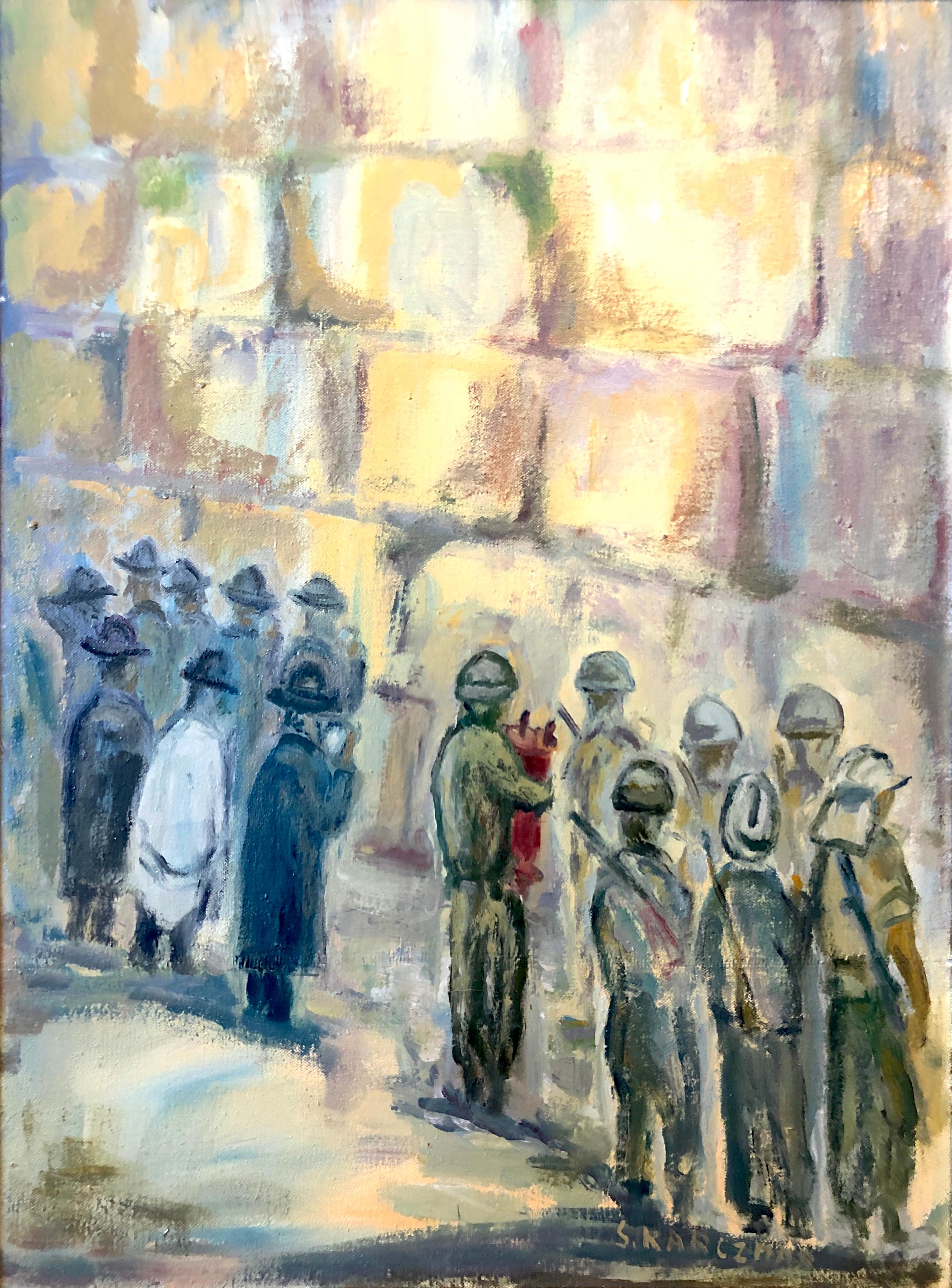 Tzahal israeliano, soldati dell'IDF e uomini chassidici che pregano e ballano al Kotel, il Muro Occidentale di Gerusalemme in Israele. Un raffinato dipinto a olio.
Tela 24 x 18, 32,5 x 27,5 pollici con cornice.
 
Simon Natan Karczmar (nato il 1