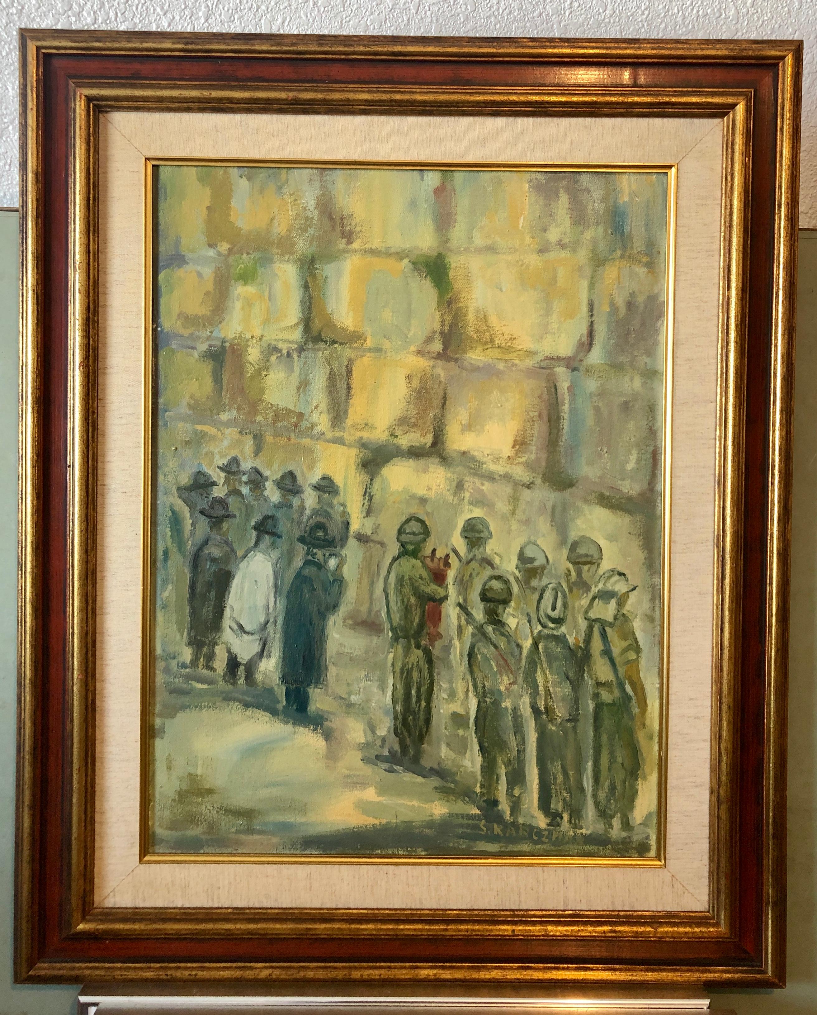 Israeli Tzahal, IDF Soldiers and Chassidic men praying and dancing at the Kotel, Western Wall in jerusalem israel. Fine oil painting.
24 x 18 canvas, 32.5 x 27.5 inches with frame.
 
Simon Natan Karczmar (born November 1, 1903 in Warsaw , died 1982