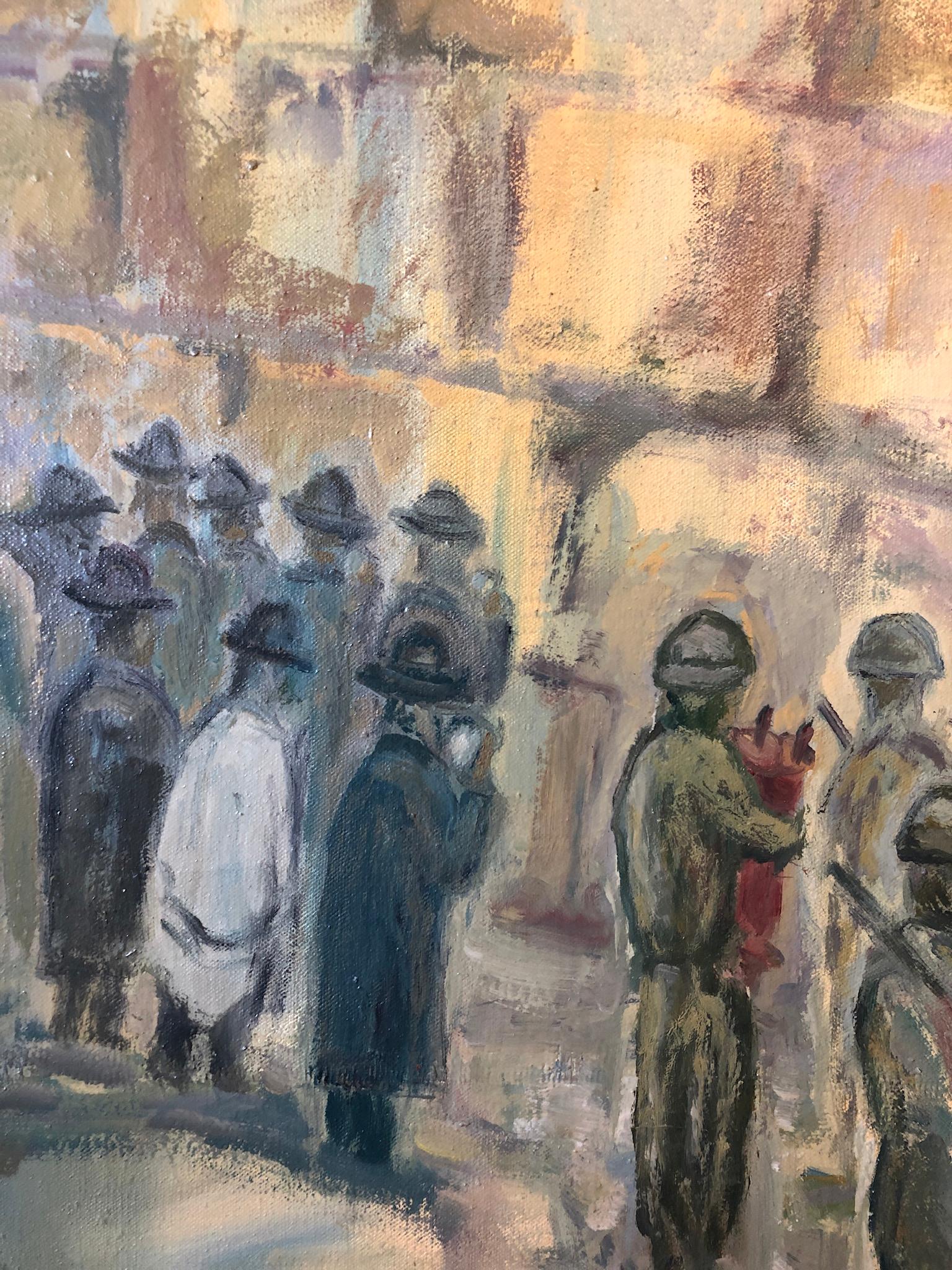 Judaica Pittura a olio polacca Preghiere ebraiche chassidiche, soldati israeliani Gerusalemme 2
