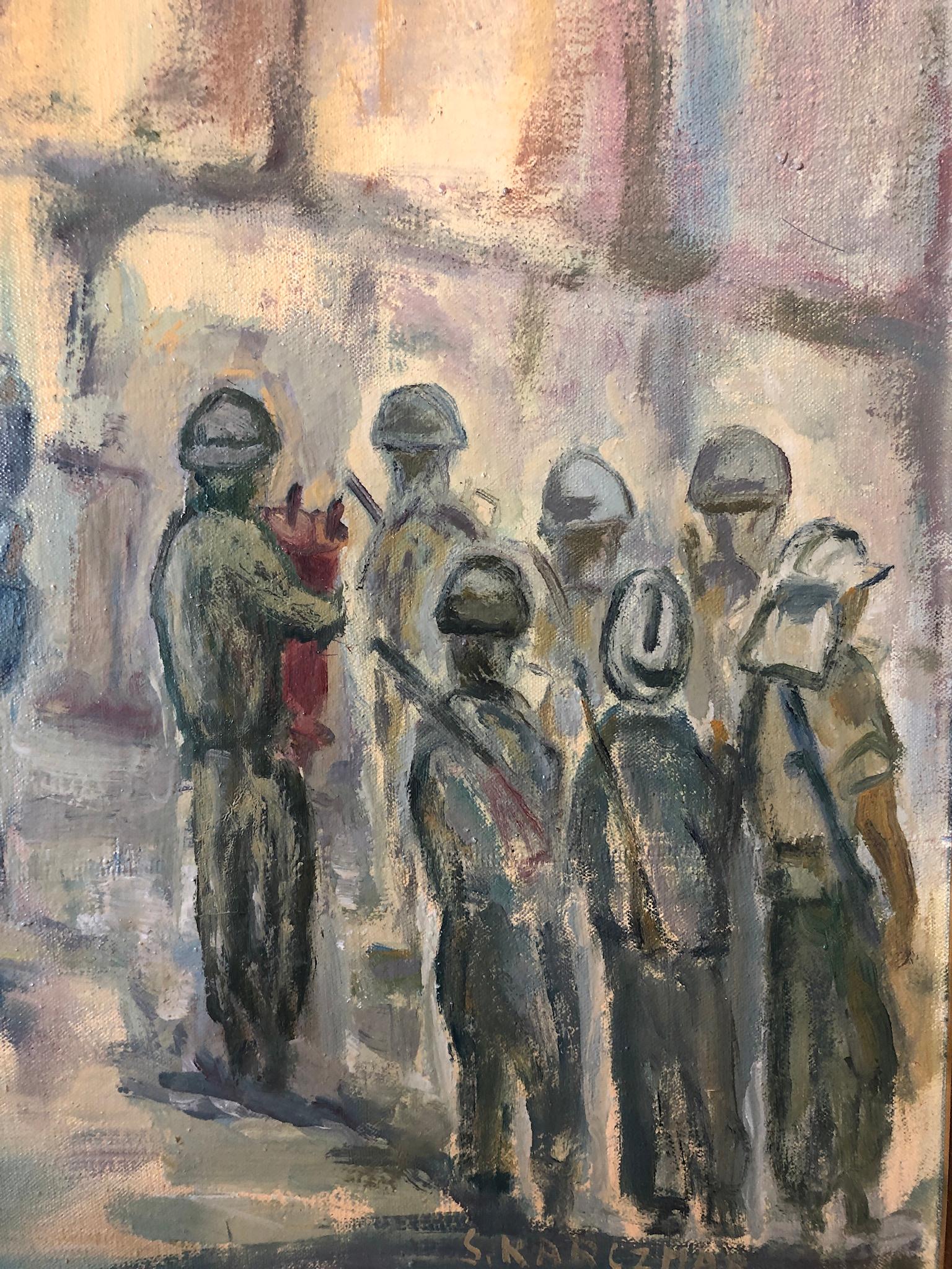 Judaica Pittura a olio polacca Preghiere ebraiche chassidiche, soldati israeliani Gerusalemme 3