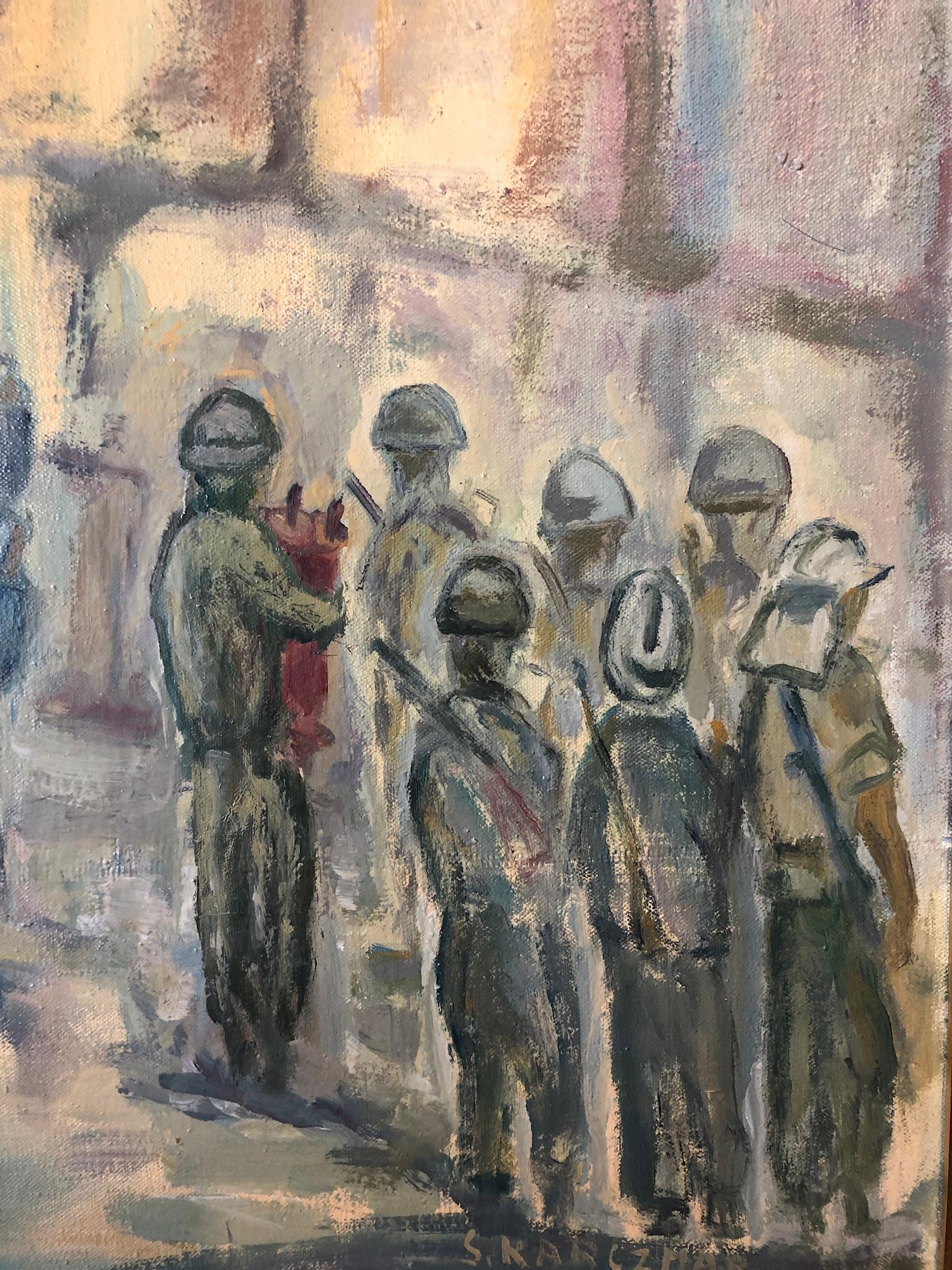 Judaica Polish Oil Painting Hasidic Jewish Prayers, Israeli Soldiers Jerusalem For Sale 2