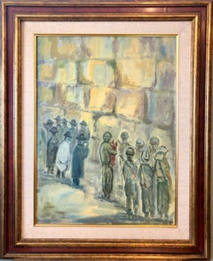 Peinture à l'huile judaïque polonaise représentant des prières juives assises, des soldats israéliens de Jérusalem