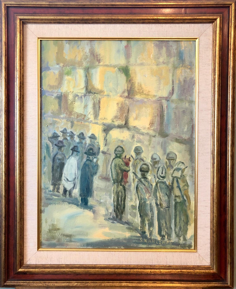 Simon Natan Karczmar Landscape Painting - Judaica Polish Oil Painting Hasidic Jewish Prayers, Israeli Soldiers Jerusalem