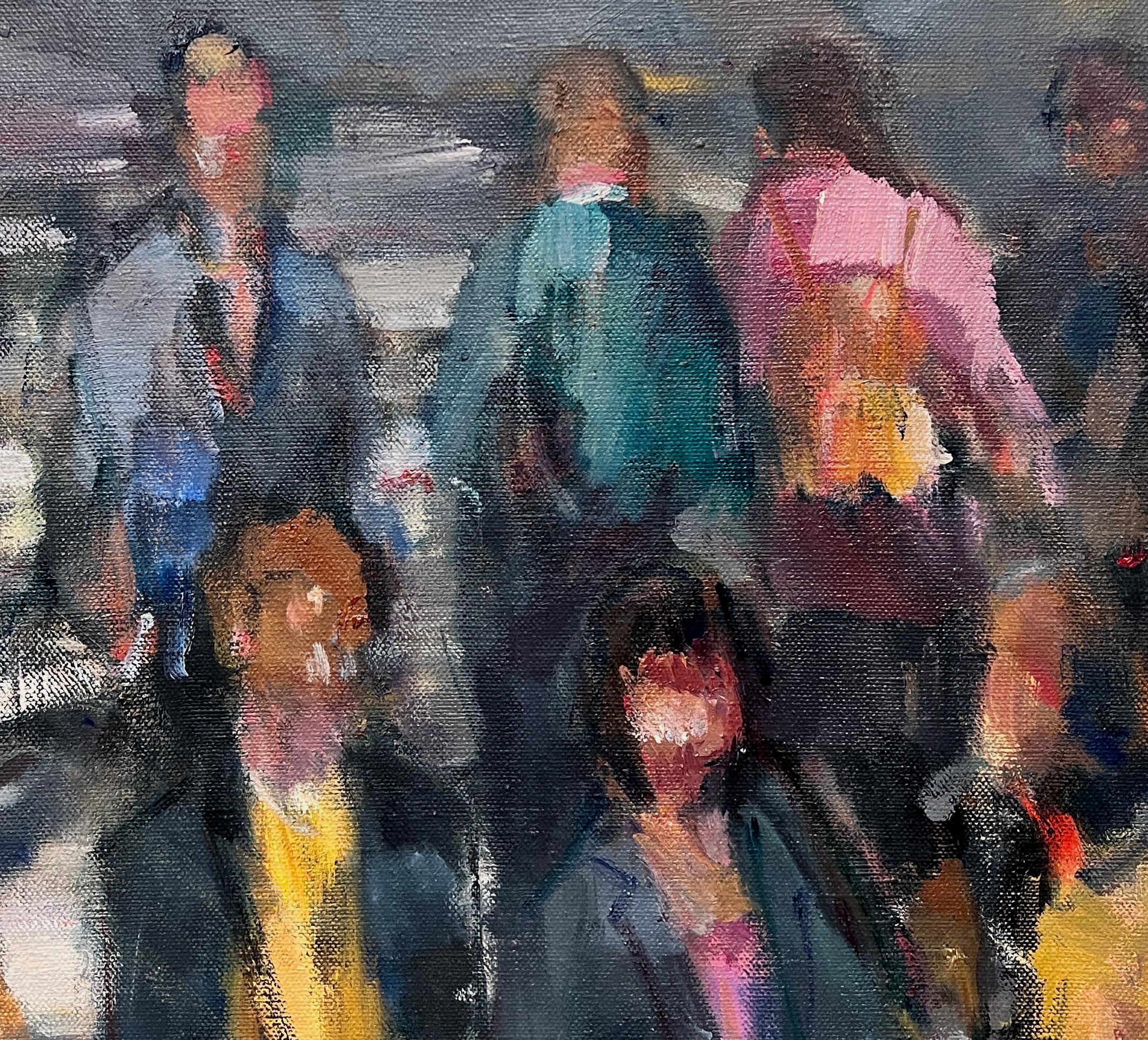 CROSSWALK, people crossing street, city, crowded street, oil paint, crowd - Contemporary Painting by Simon Nicholas