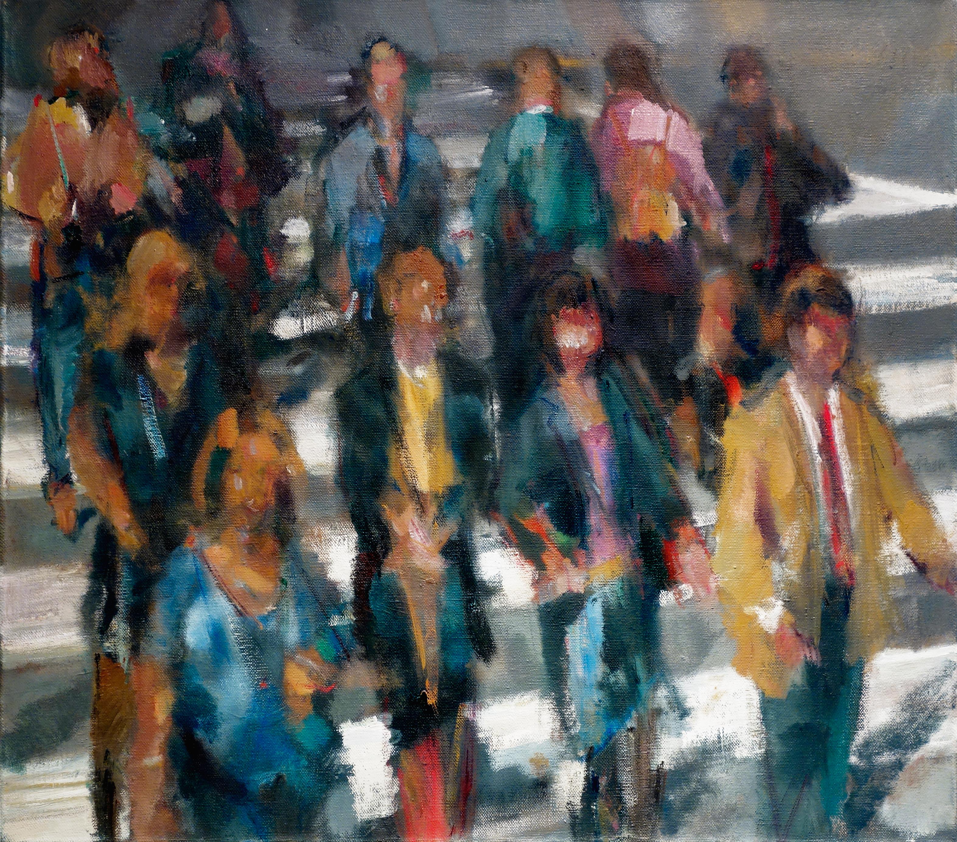 Simon Nicholas Figurative Painting - CROSSWALK, people crossing street, city, crowded street, oil paint, crowd