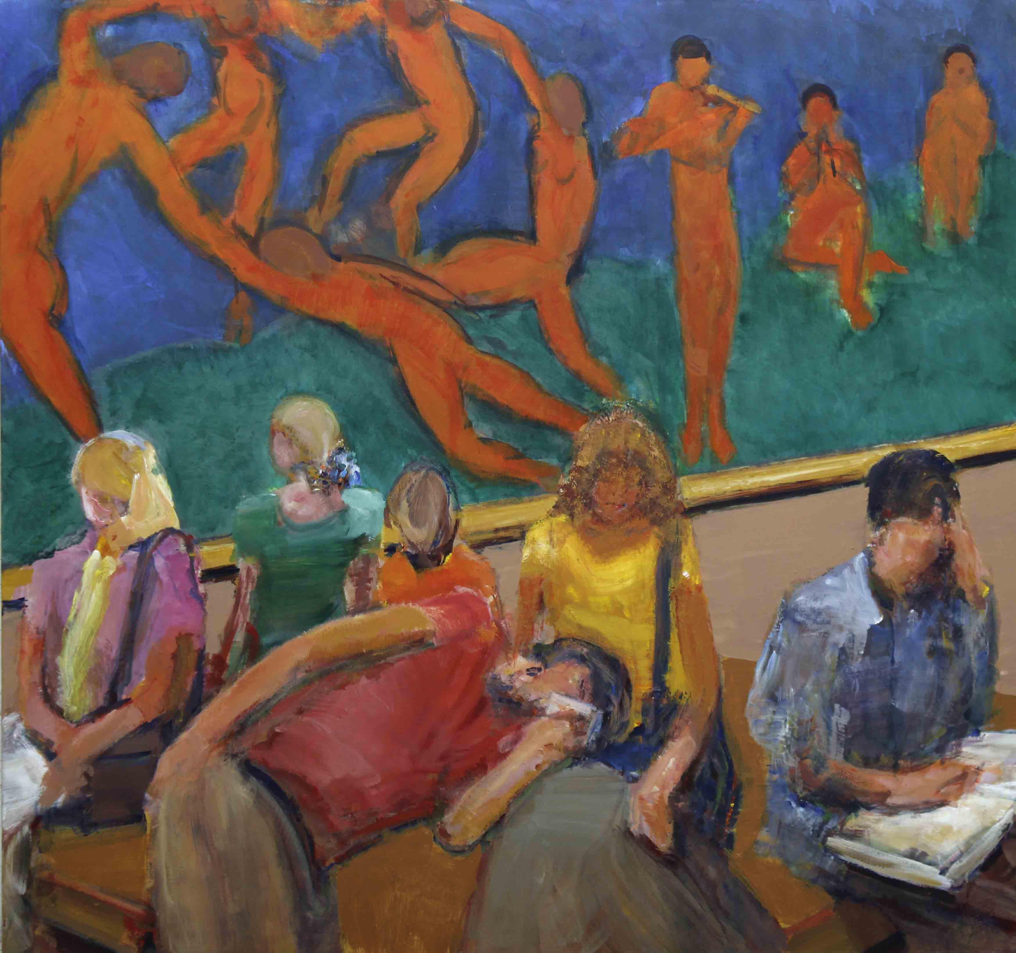 HERMITAGE II, people sitting in museum, paintings on the wall, oil paint - Painting by Simon Nicholas