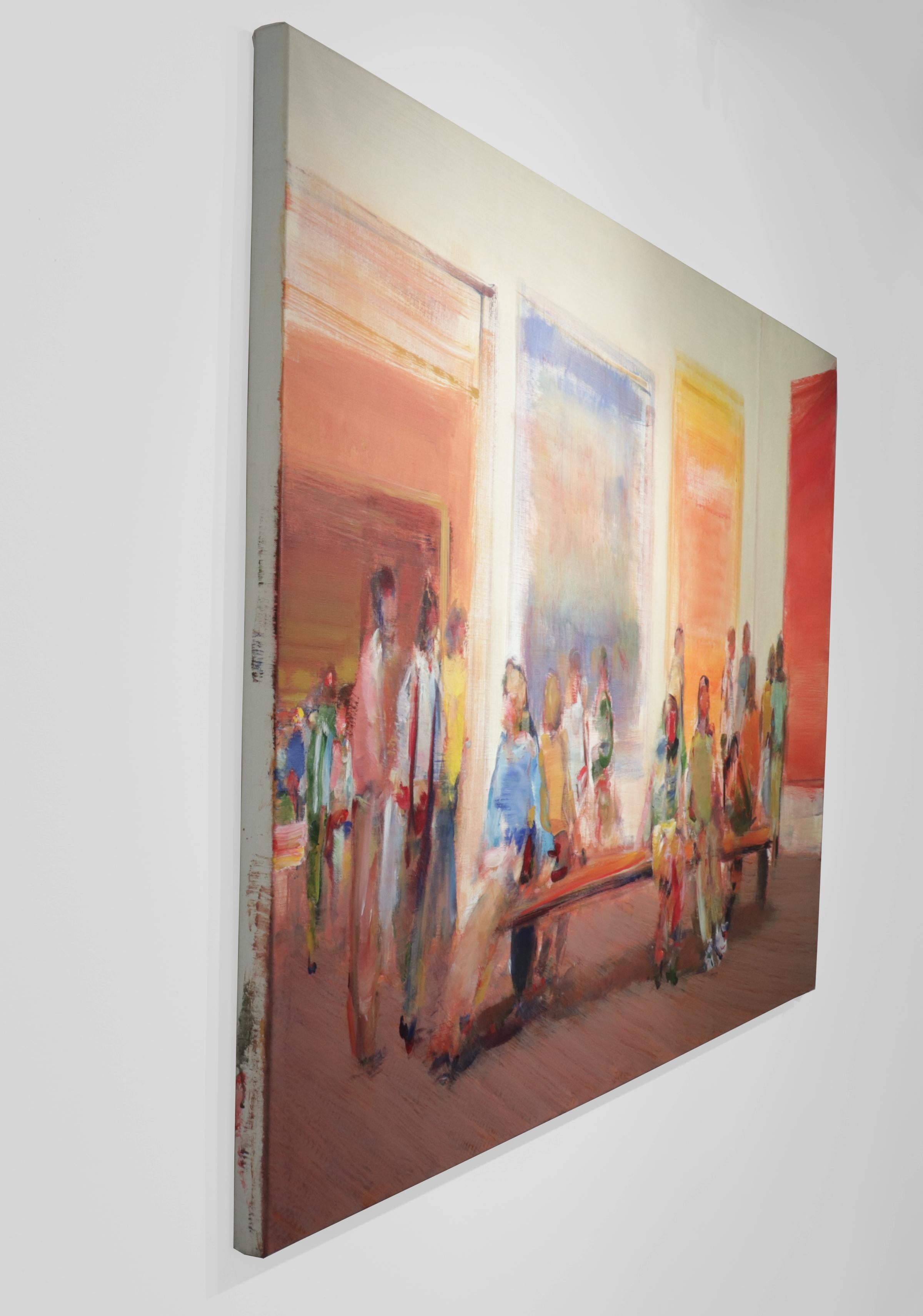 MOMA VII, museum, new york city, gallery, red, yellow, crowd, interior - Contemporary Painting by Simon Nicholas