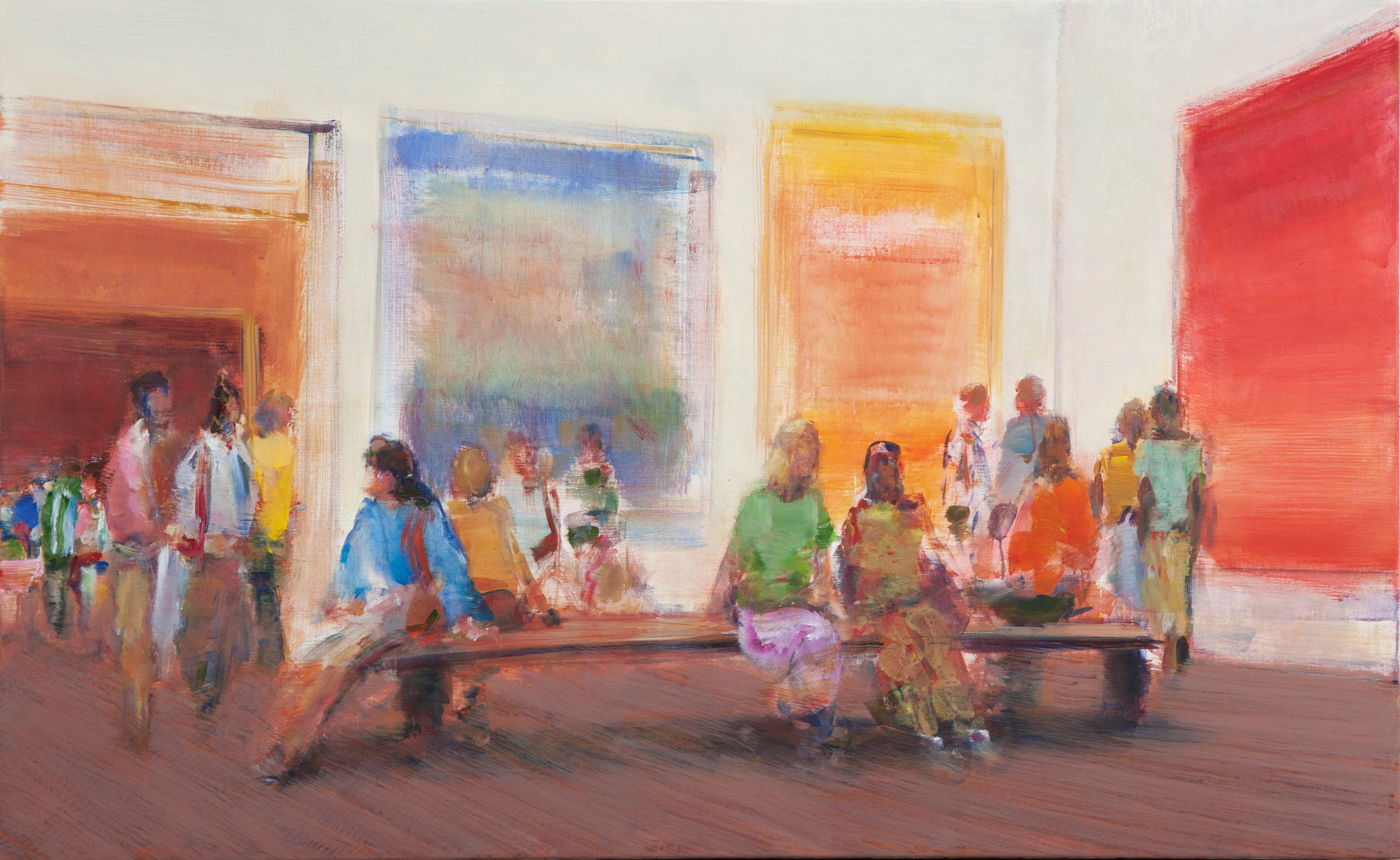 Simon Nicholas Interior Painting - MOMA VII, museum, new york city, gallery, red, yellow, crowd, interior