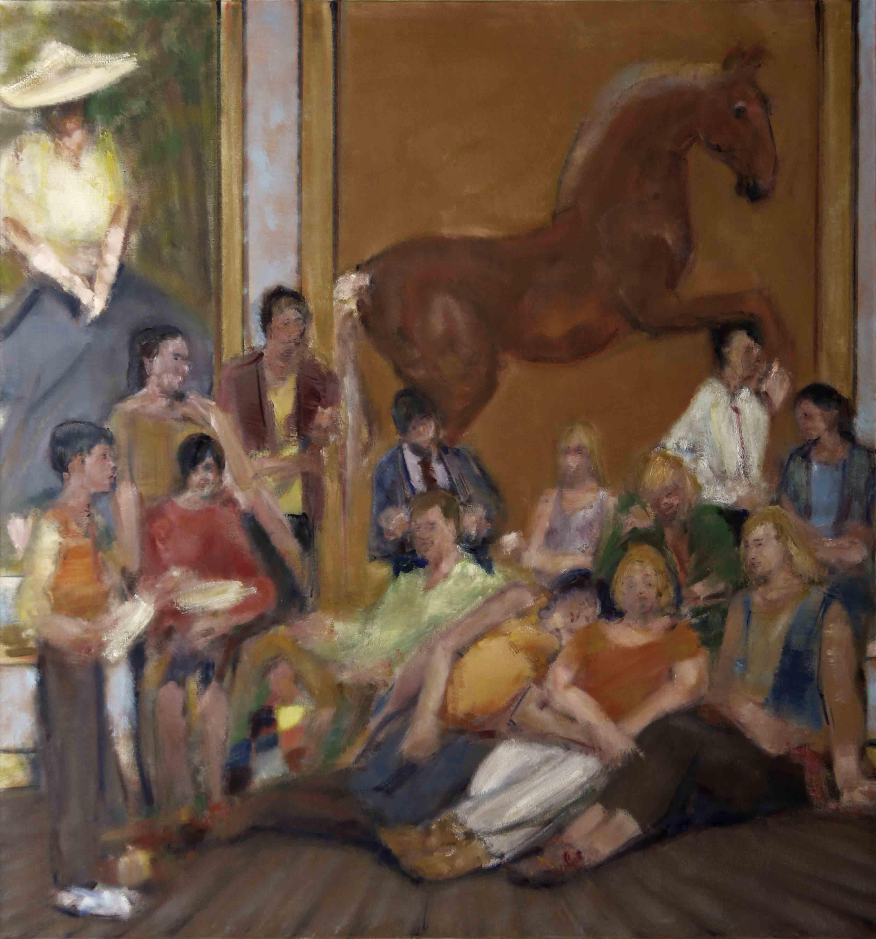NATIONAL GALLERY, people sitting in front of painting, contemporary still life - Painting by Simon Nicholas