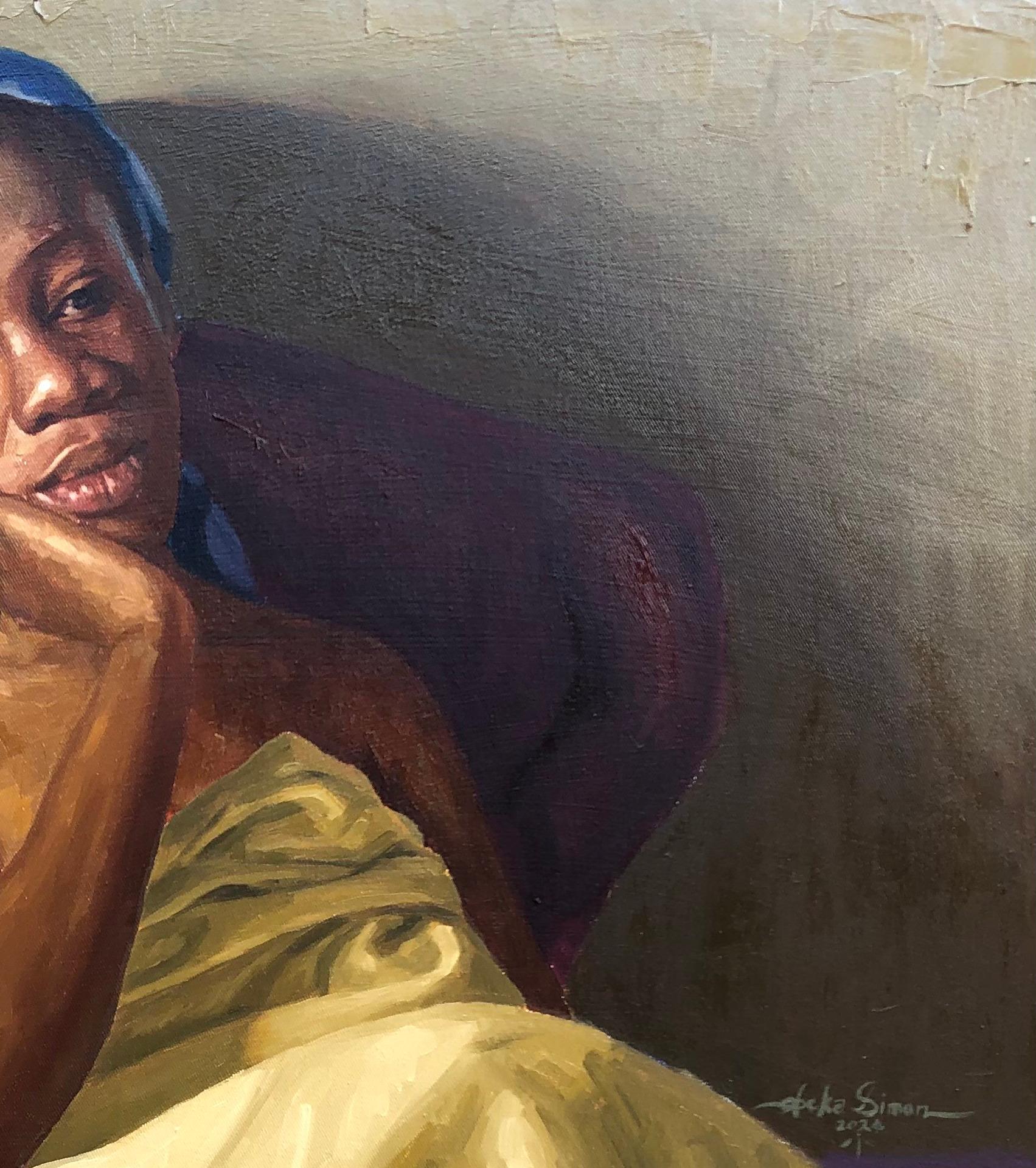 A Life Unraveled 2 - 21st Century, Contemporary, Figurative Portrait, Women, Oil - Brown Figurative Painting by Simon Obeka