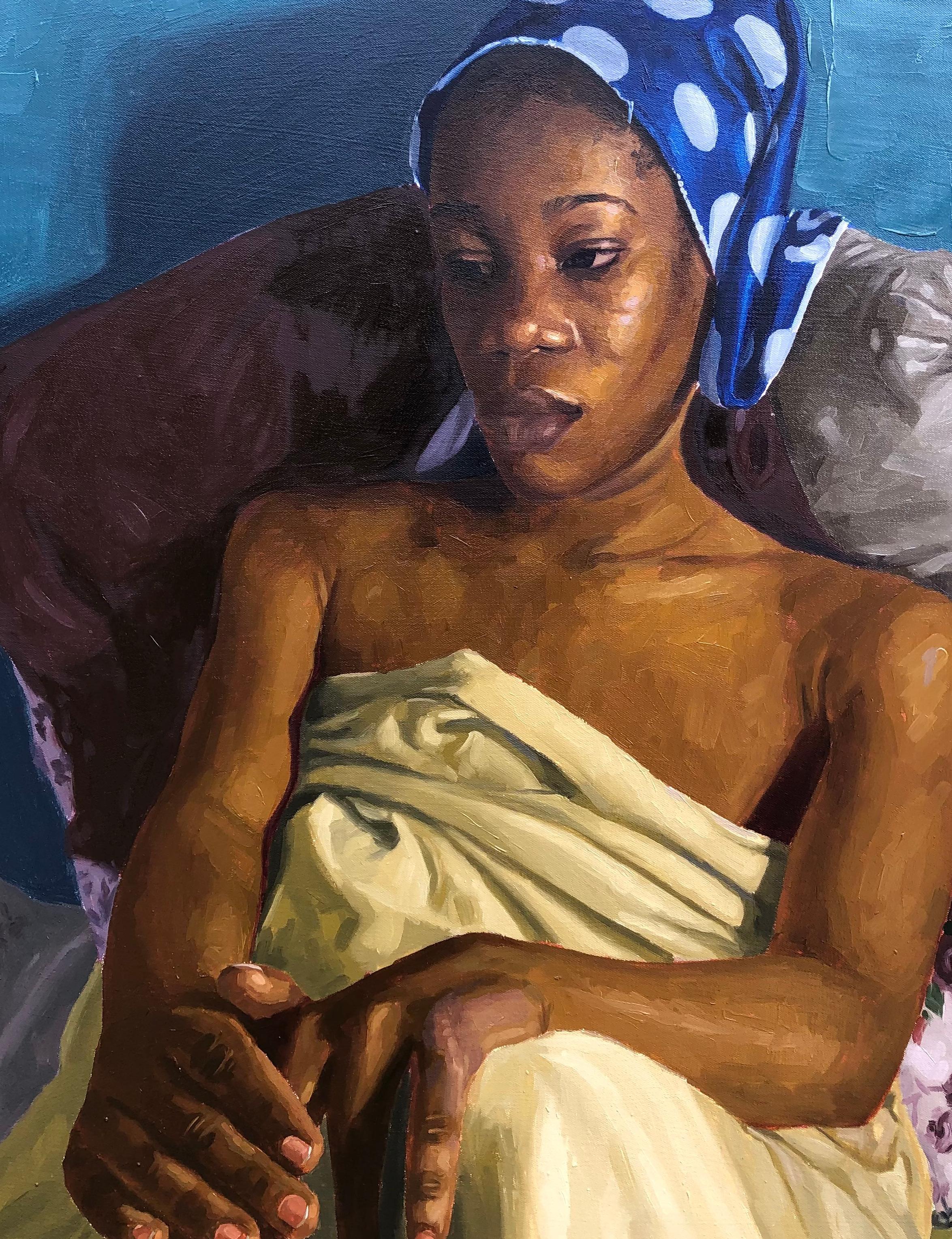 Une vie déchirée  - 21e siècle, Contemporary, Portrait figuratif, Femmes, Huile - Noir Figurative Painting par Simon Obeka
