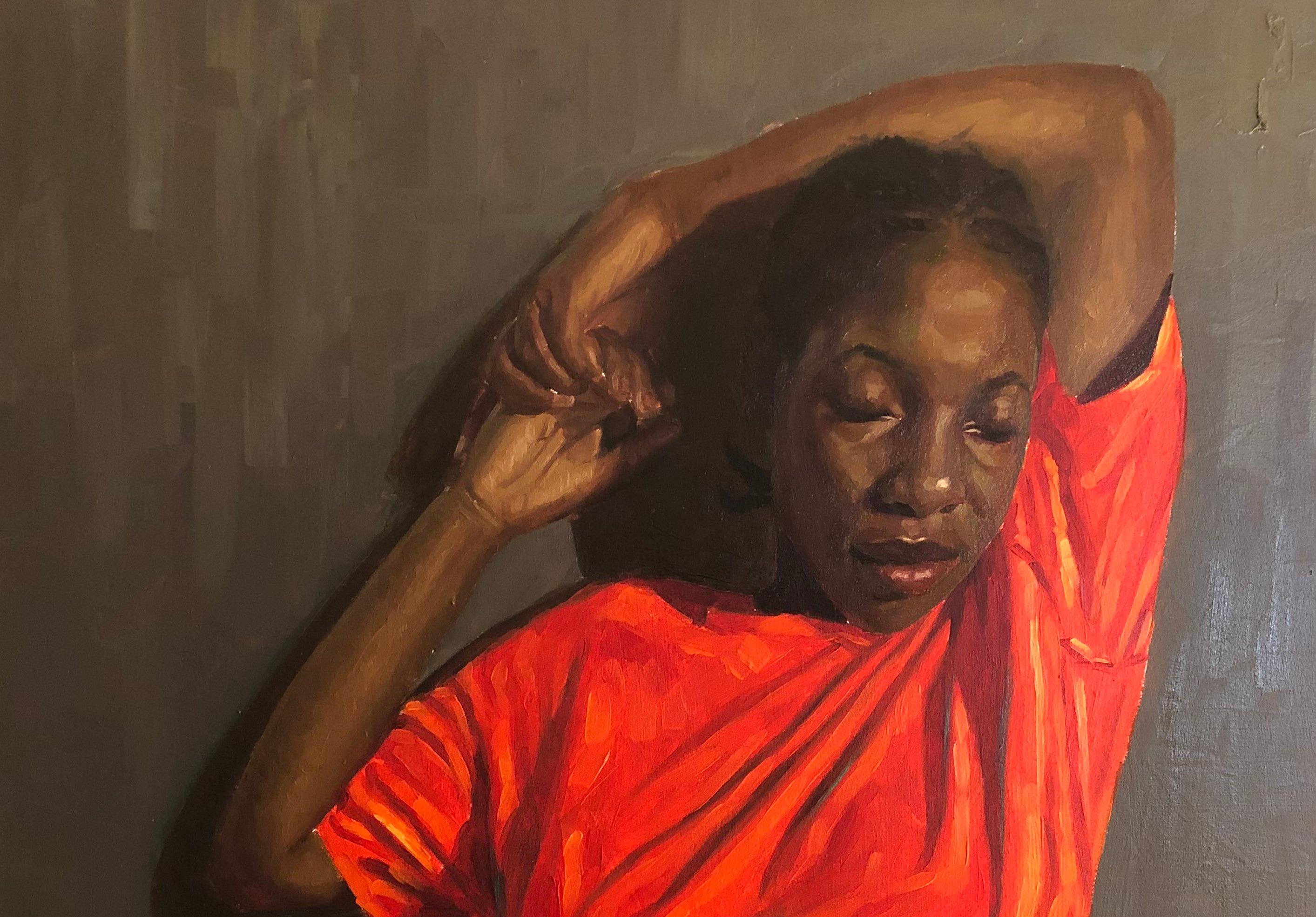 Lontano dal rumore - 21° secolo, Contemporaneo, Figurativo, Donna, Arancione, Olio - Painting di Simon Obeka