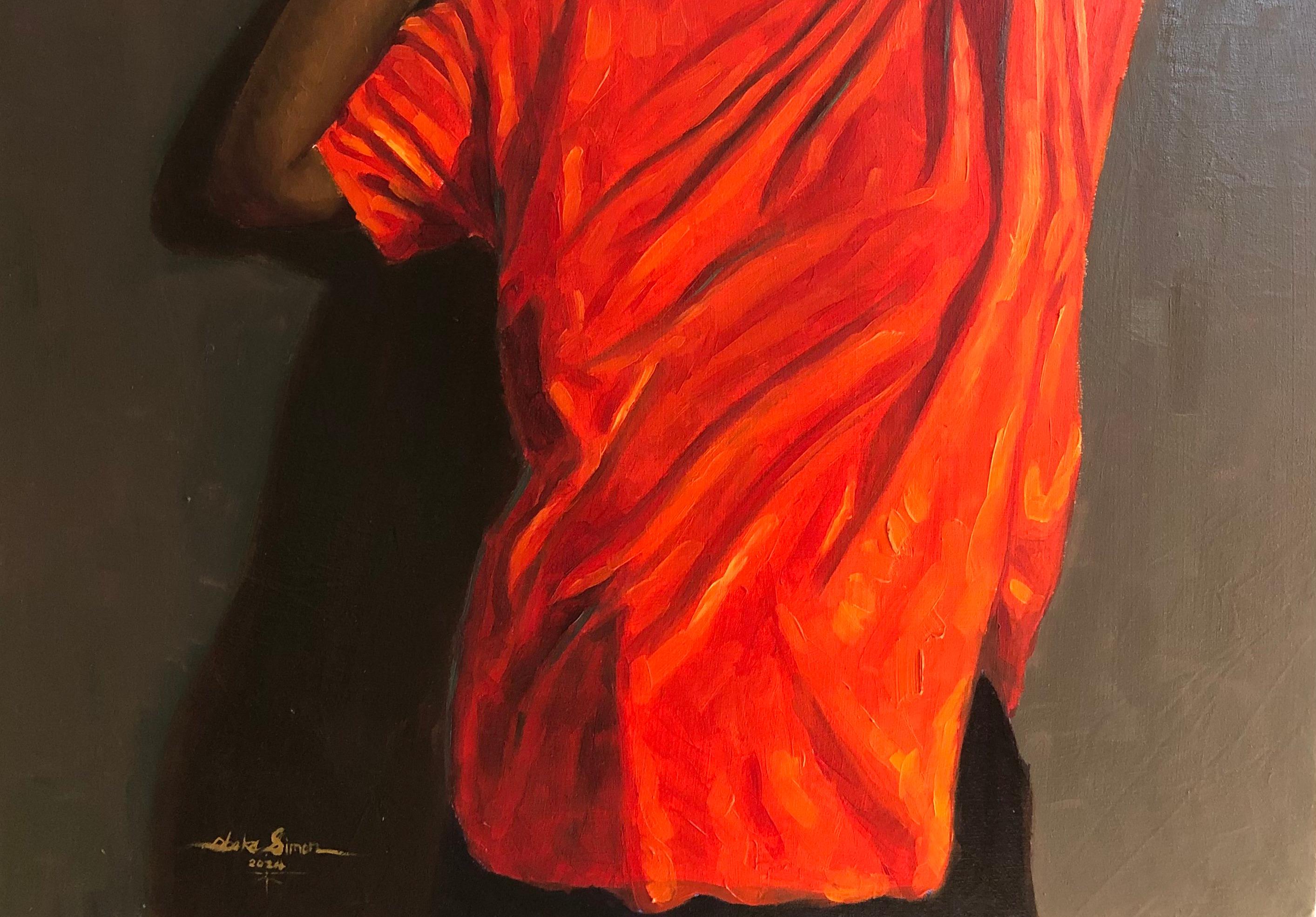 Lontano dal rumore - 21° secolo, Contemporaneo, Figurativo, Donna, Arancione, Olio - Portrait Painting Marrone di Simon Obeka