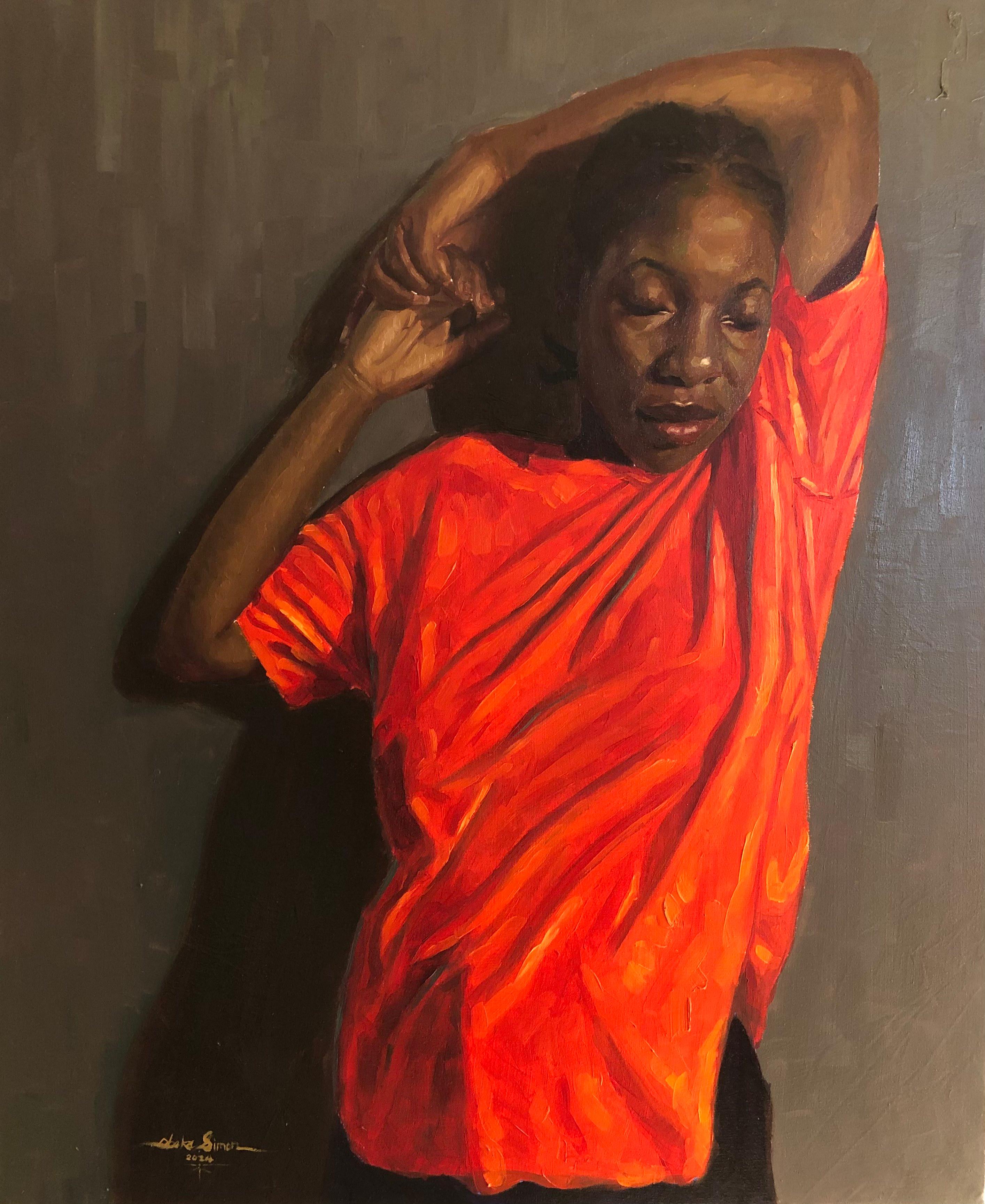 Portrait Painting di Simon Obeka - Lontano dal rumore - 21° secolo, Contemporaneo, Figurativo, Donna, Arancione, Olio