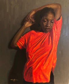 Lejos del ruido - Siglo XXI, Contemporáneo, Figurativo, Mujer, Naranja, Óleo