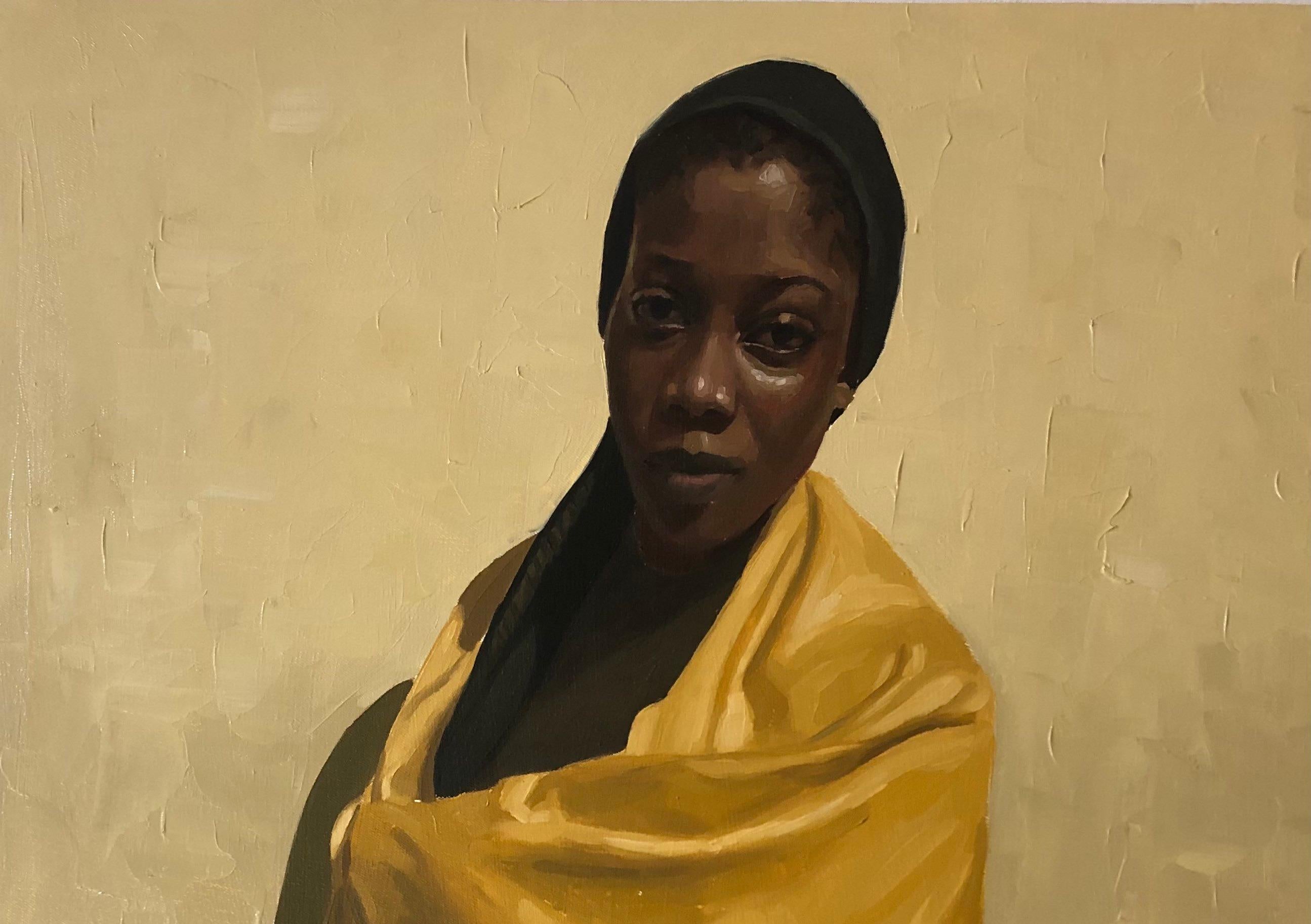 God Answers - 21st Century, Contemporary, Figurative Portrait, Women, Gold Dress - Painting by Simon Obeka