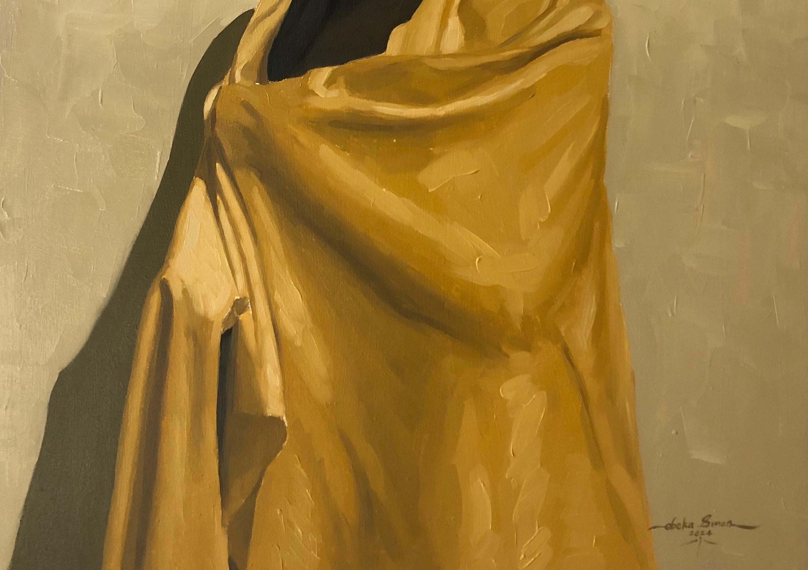 God Answers - 21st Century, Contemporary, Figurative Portrait, Women, Gold Dress - Brown Portrait Painting by Simon Obeka