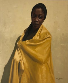 God Answers - 21st Century, Contemporary, Figurative Portrait, Women, Gold Dress