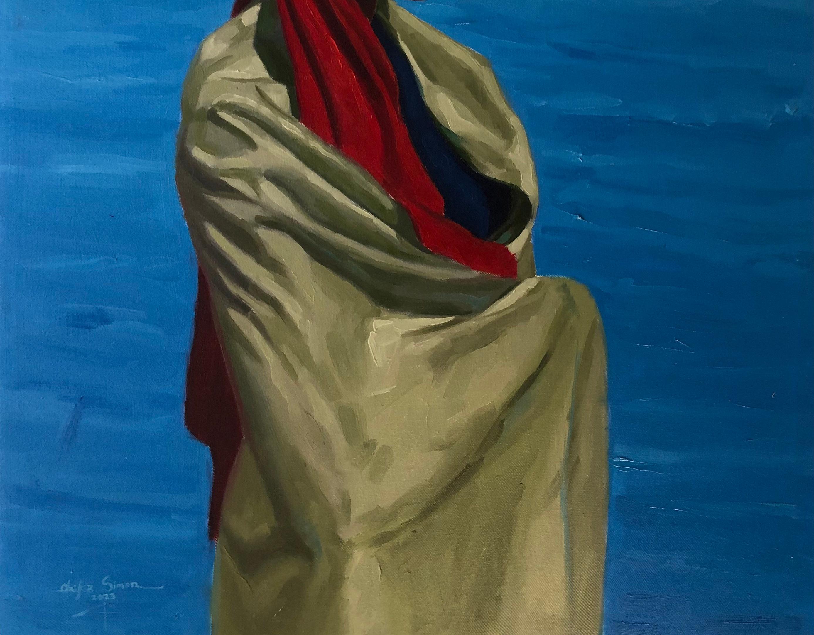 Ayant tout fait, je reste 1 - 21e siècle, Contemporain, Paysage, Femmes, Huile - Bleu Portrait Painting par Simon Obeka