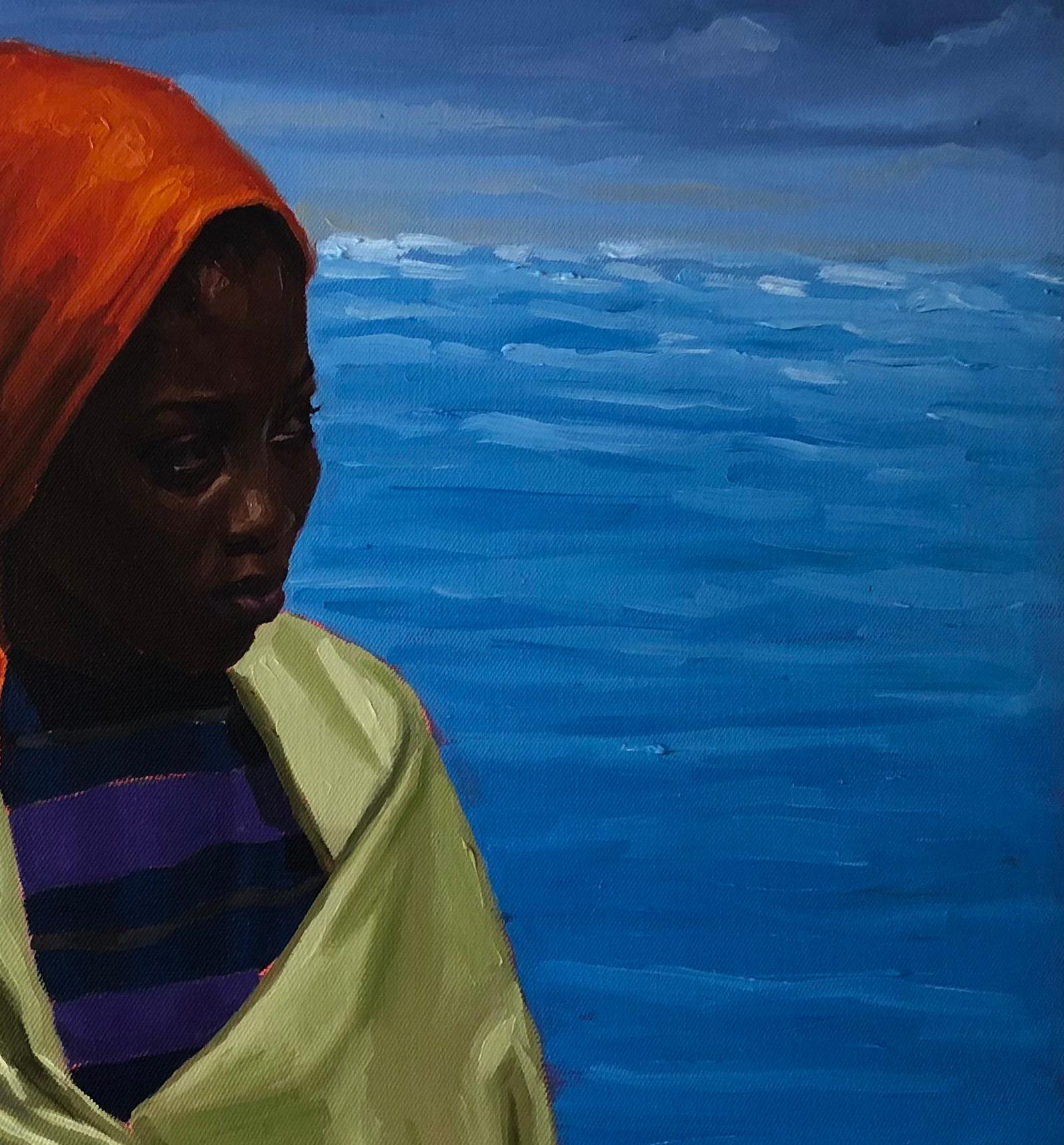 Ayant tout fait, je Stand 2 - 21e siècle, Contemporain, Paysage, Femmes, Huile - Bleu Portrait Painting par Simon Obeka