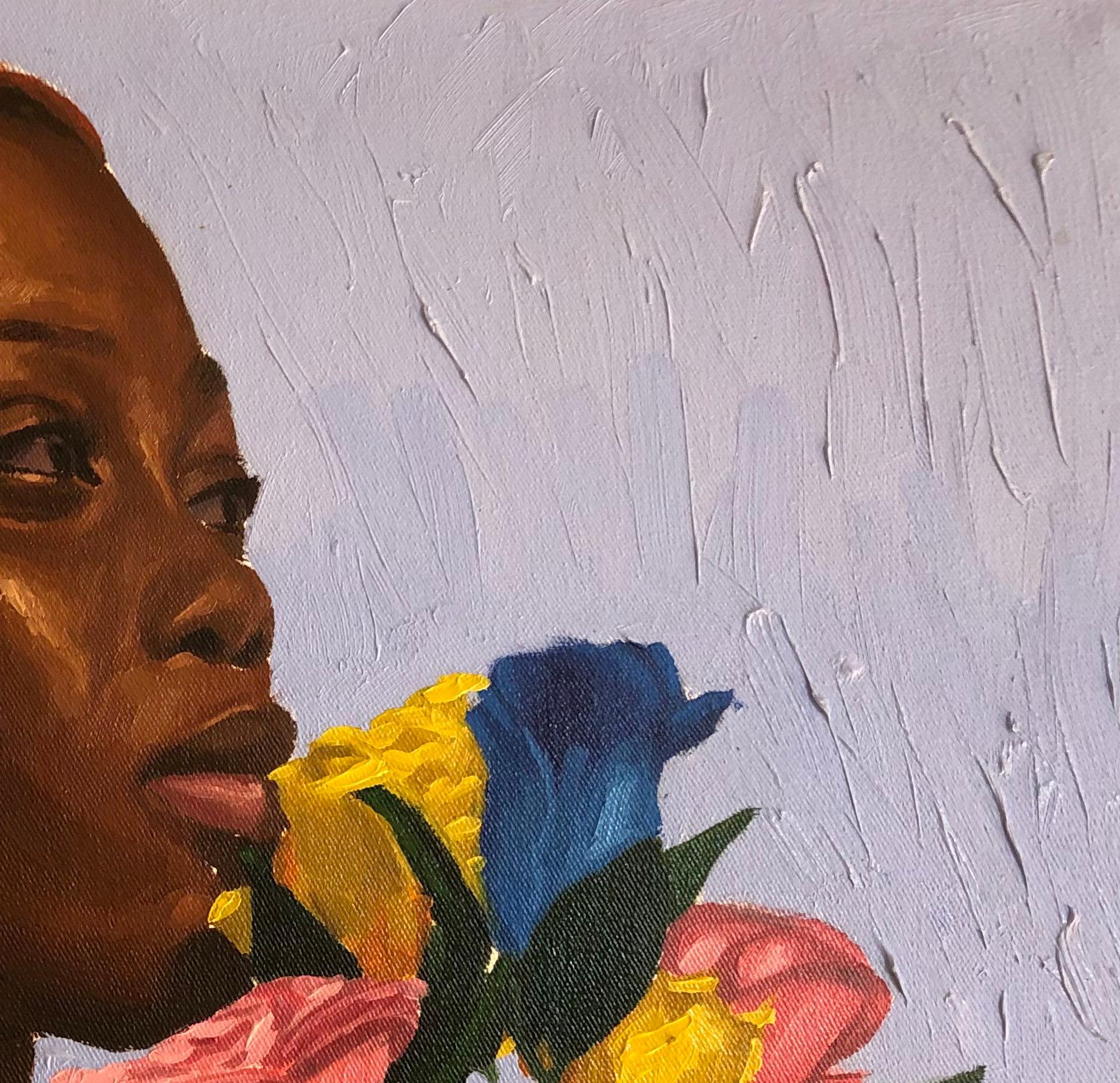 Sulla tua tomba non avranno un buon odore  - 21° secolo, Contemporaneo, Floreale, Donna - Portrait Painting Grigio di Simon Obeka