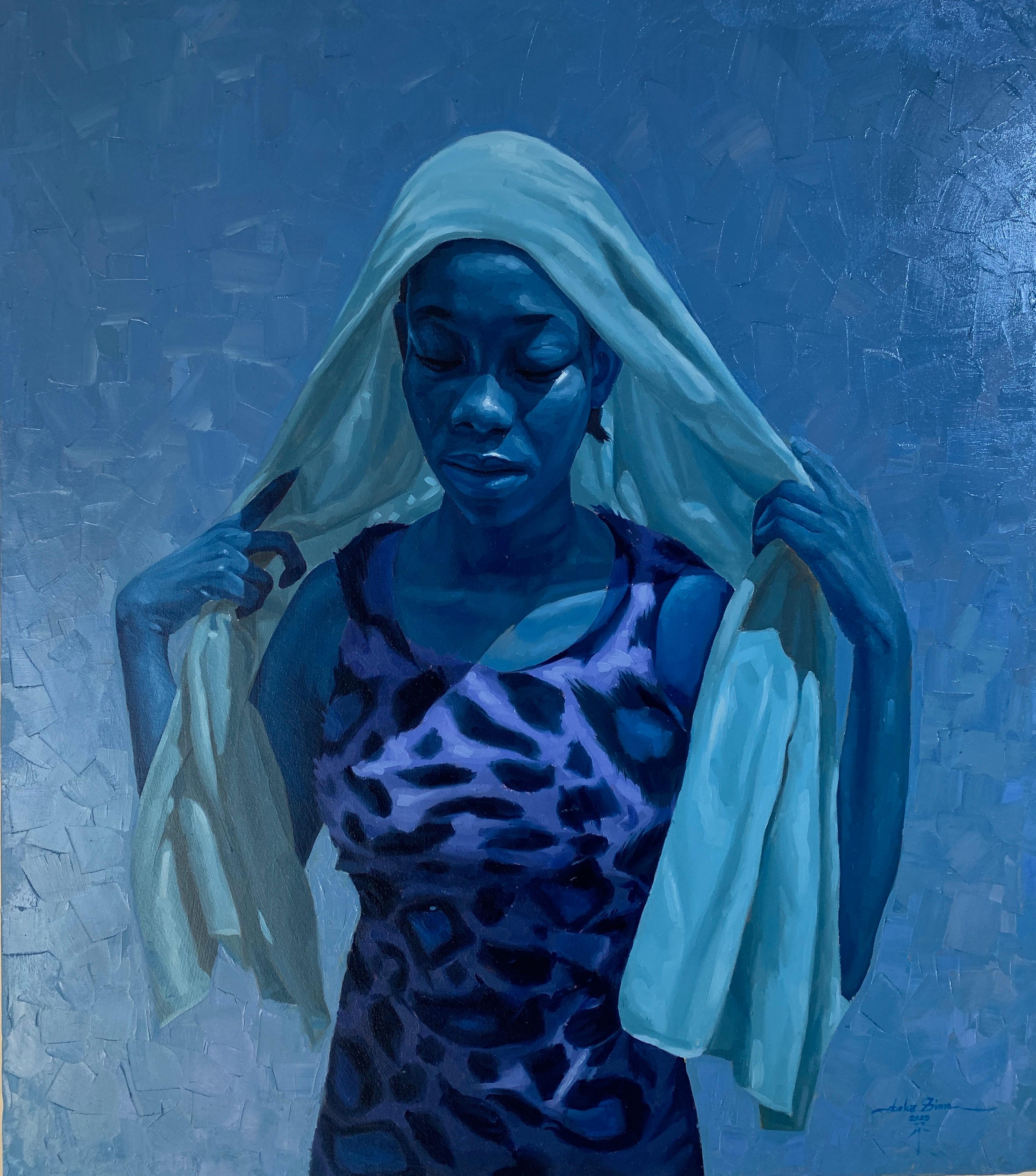 Peace: 21st Century Contemporary Figurative Oil Portrait of African Woman, Blue