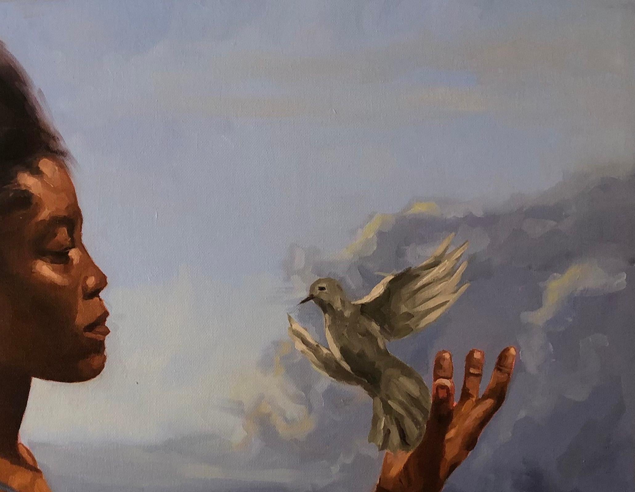 Sicuramente volerò - 21° secolo, Contemporaneo, Figurativo, Donne, Uccello, Olio - Figurative Painting Nero di Simon Obeka